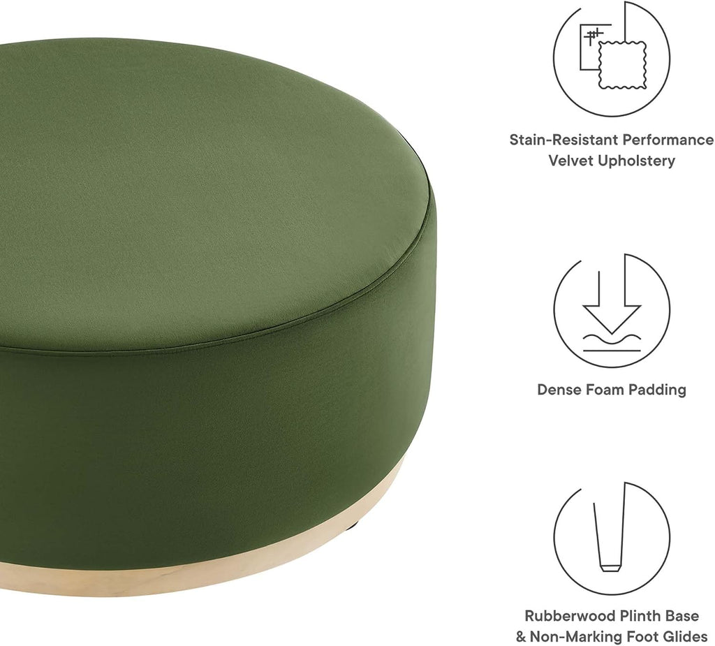 Modway Tilden 38 Inch Round Performance Velvet Upholstered Ottoman in Moss Green Natural - Round Ottoman Coffee Table for Living Room, Large Ottoman Foot Rest with Rubberwood Plinth Base