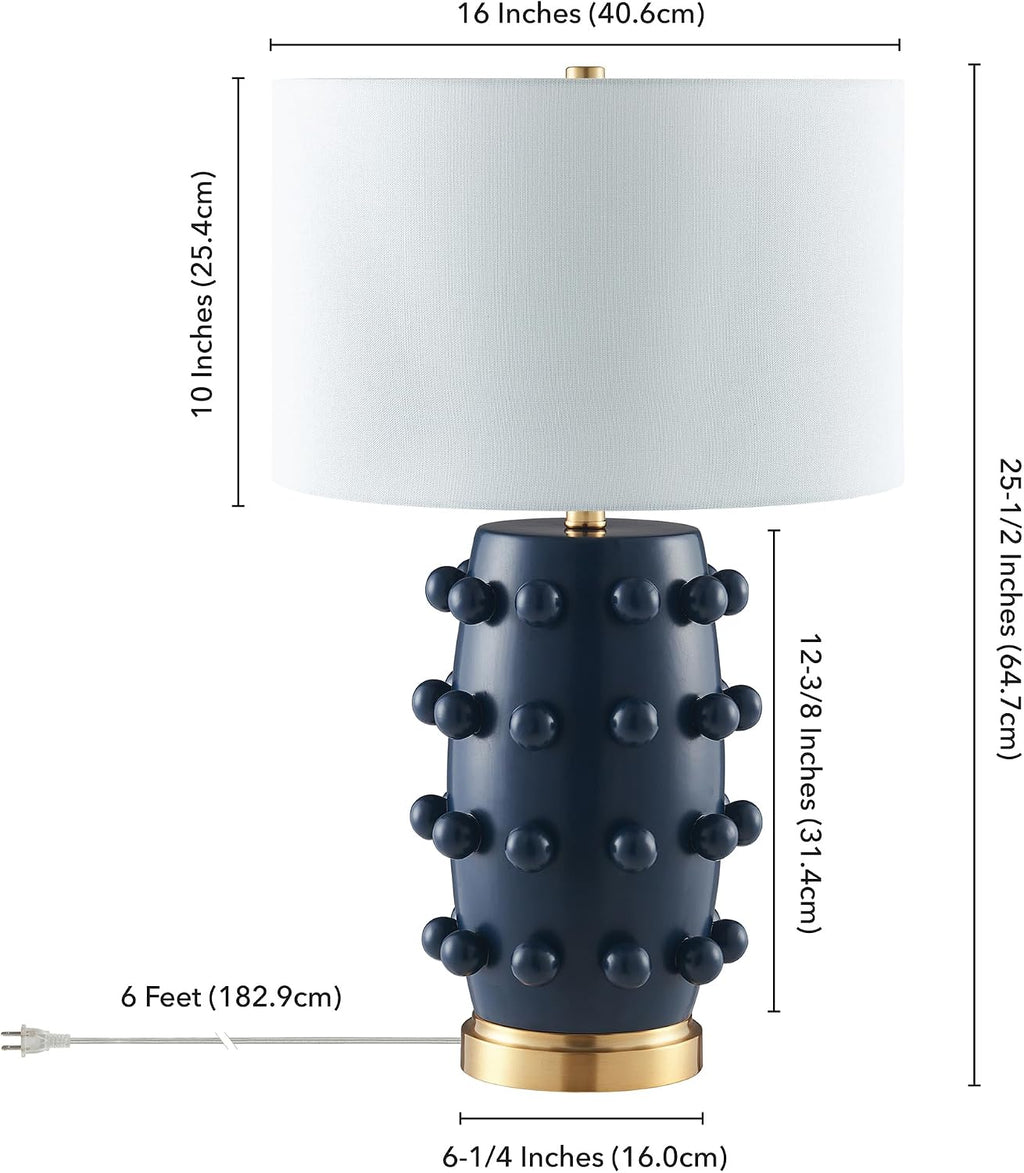 Henn&Hart 25.5'' Modern 1-Light Ceramic Table Lamp with Spherical Orbs on Lamp Body with White Fabric Drum Shade for Living Room, Bedroom, or Office, Matte Navy