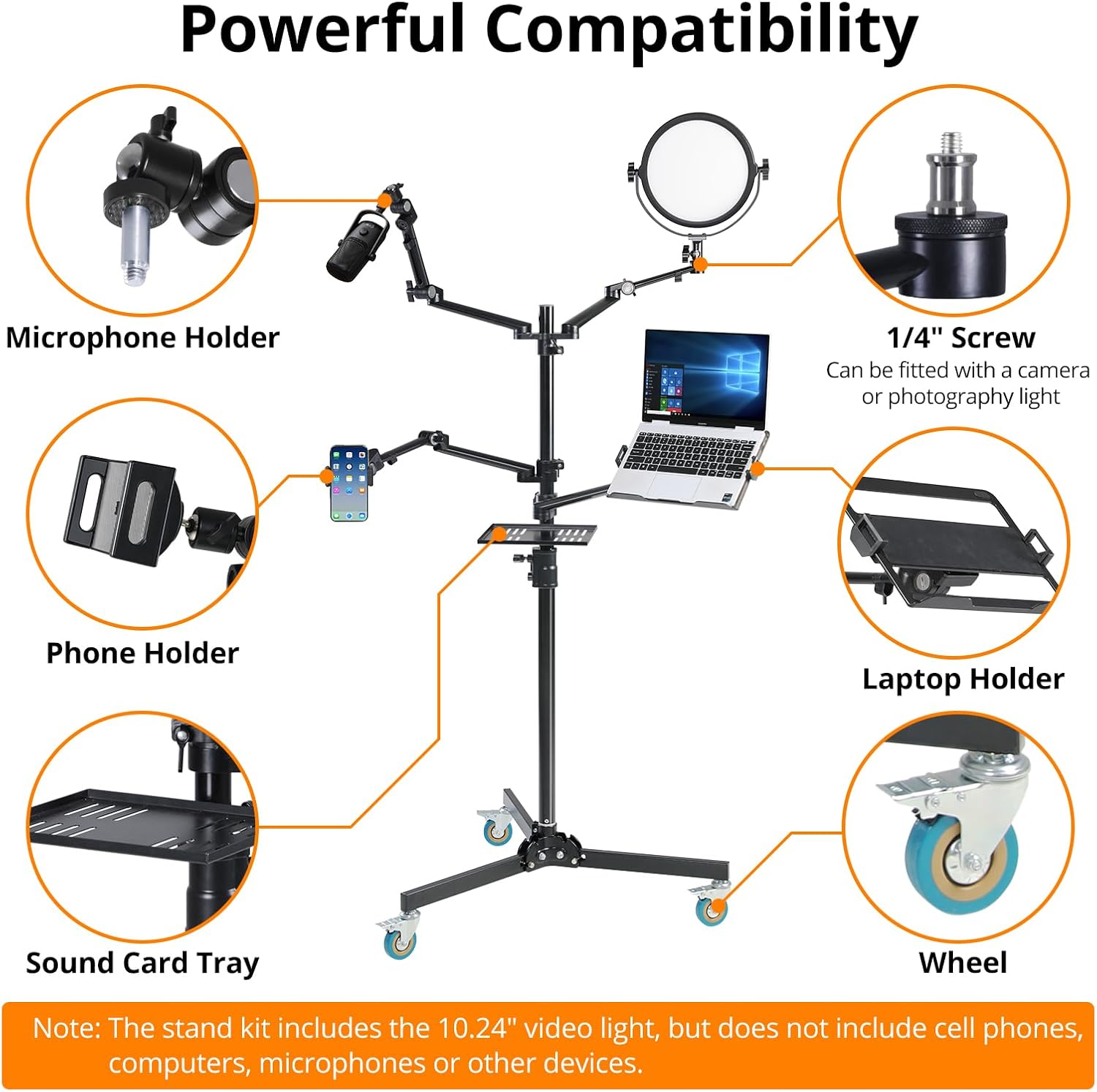 GVM 5-in-1 Movable Live Streaming Floor Stand Kit with Wheels, Overhead Camera Mount with 10' LED Key Light/Mic Boom Arm/Tablet Laptop Phone Stand/Tray for Live Broadcast Podcast Video Recording Game