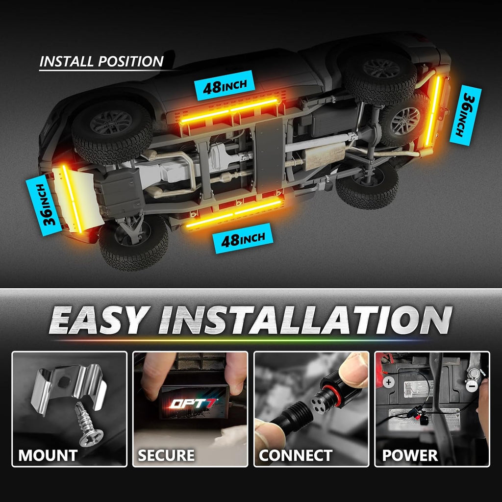 OPT7 Aura Pro RGB Aluminum Car Underglow Kit with App & Remote Control | Waterproof Rigid Light Bars, Multicolor Music Sync Lighting, Neon Accent Underbody Lights, Exterior Car Gifts, 12V