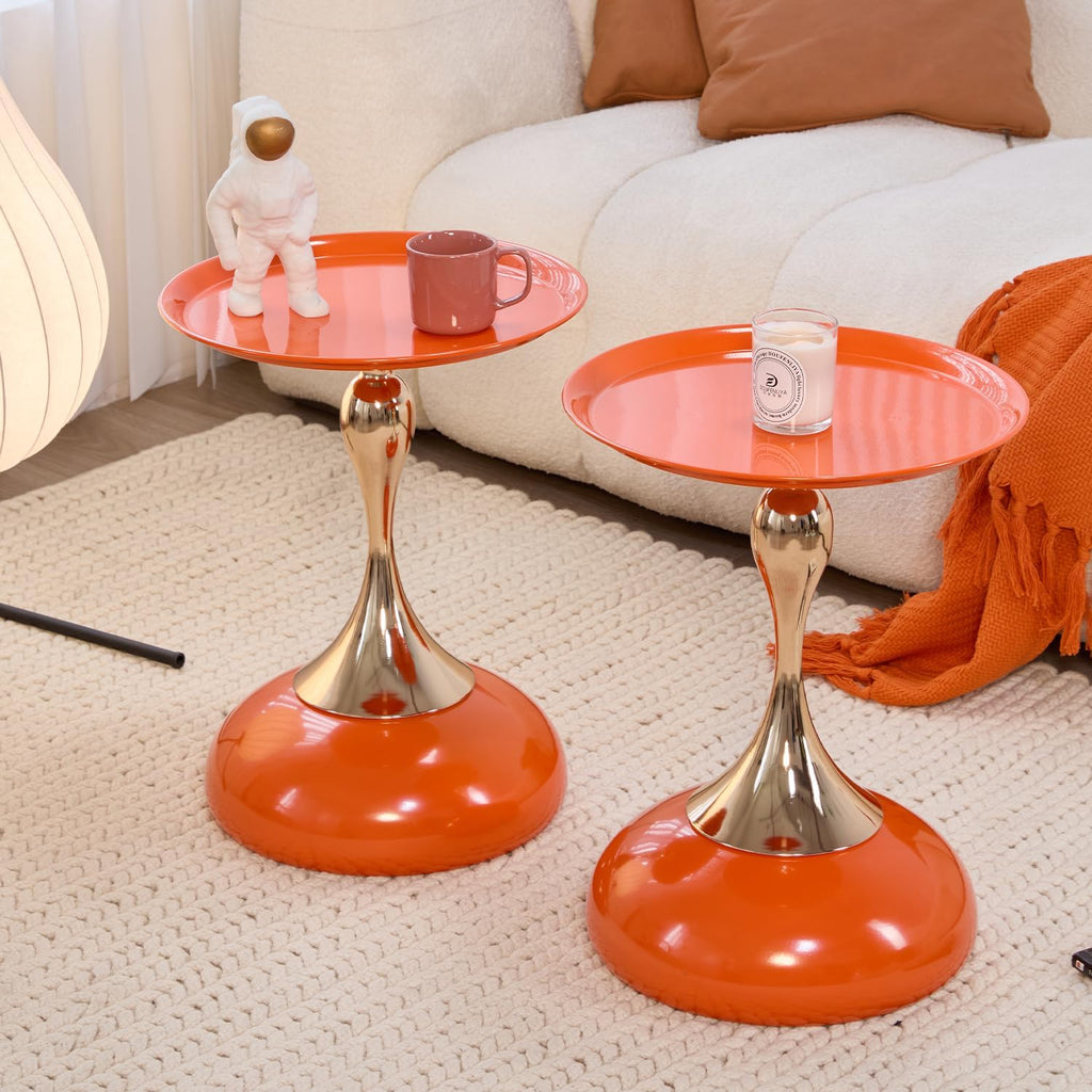 2-Pack Sleek Hourglass Side Table - Modern Stylish Hermes Orange Accent Table | Glossy Finish & Chic Metallic Detail - Ideal for Living Room, Bedroom, Cafe & Home Decor Spaces