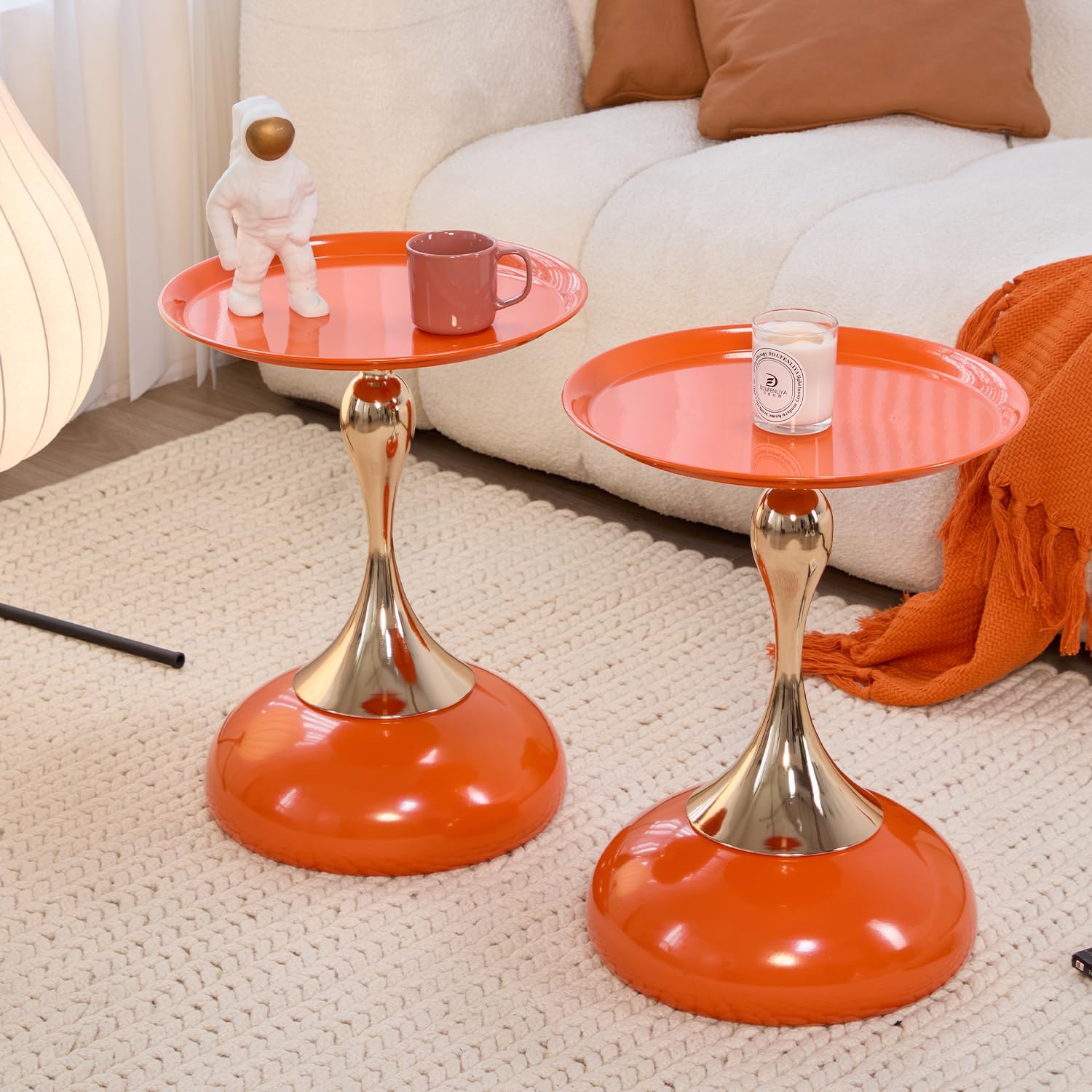 2-Pack Sleek Hourglass Side Table - Modern Stylish Hermes Orange Accent Table | Glossy Finish & Chic Metallic Detail - Ideal for Living Room, Bedroom, Cafe & Home Decor Spaces