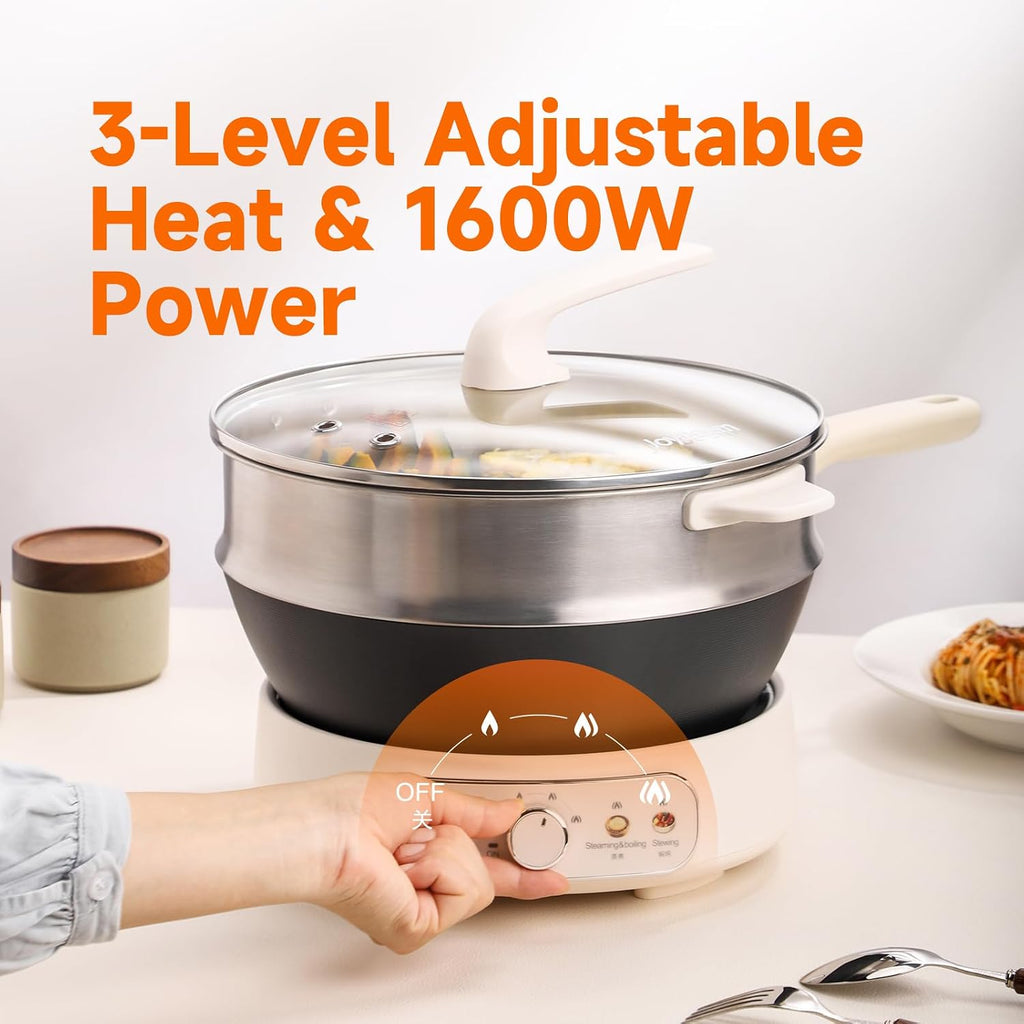 Joydeem 5Qt Electric Skillet, Pure Iron Nonstick Frying Pan with Glass Lid & Steamer Rack, 1600W 3-Level Heat Control, Removable Pot, Family-Sized Cooker for Boil Steam Sauté, 11.81inch