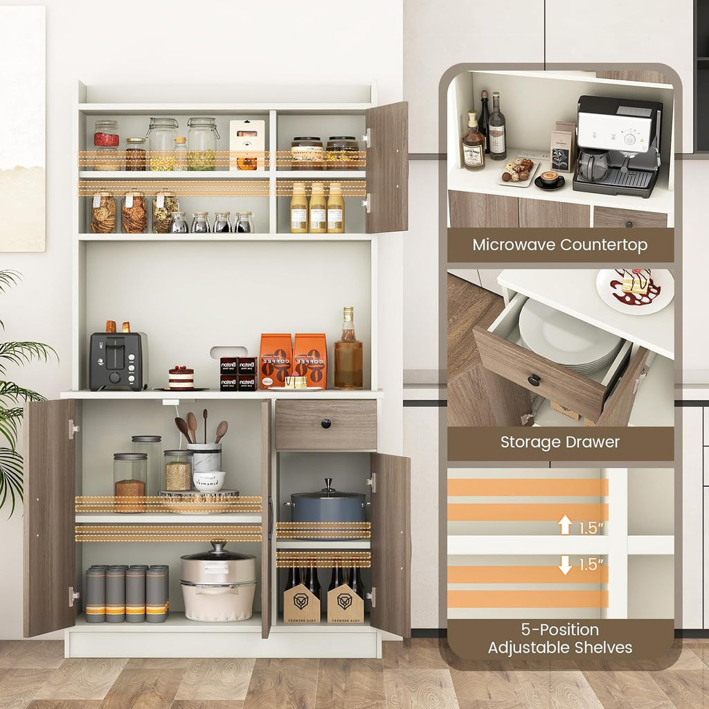 COSTWAY Kitchen Pantry Storage Cabinet, 71' Freestanding Tall Hutch Cabinet with Charging Station, Microwave Stand, Adjustable Shelves, Modern Buffet Cabinet with Hutch for Dining Room, Kitchen, White