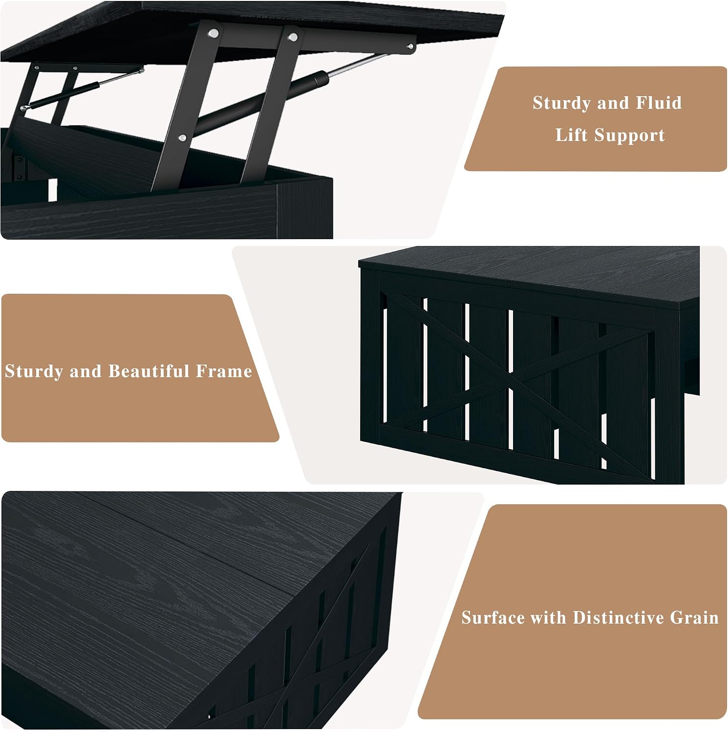 HUAHUU Coffee Table, 31.5 Lift Top Coffee Tables with Storage Hidden Compartment, Farmhouse Coffee Tables with Ottoman Bench, Center Table with Wooden Lift Tabletop for Living Room, Black