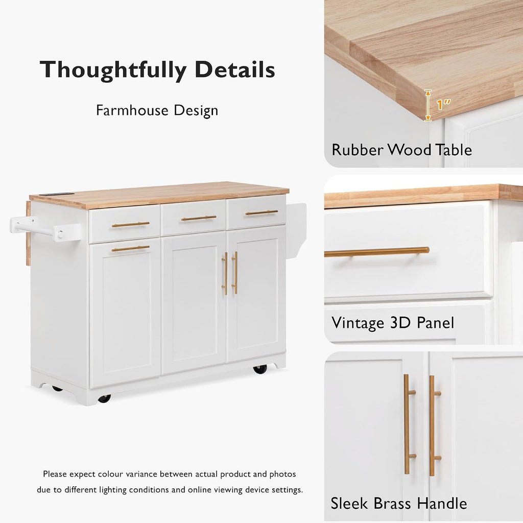 Kitchen Island Cart with Solid Wood Top, Mobile Carts with Storage Cabinet, Rolling Kitchen Table with Trash Can Storage, Power Outlet, Spice & Towel Rack, Portable Islands on Wheels, White