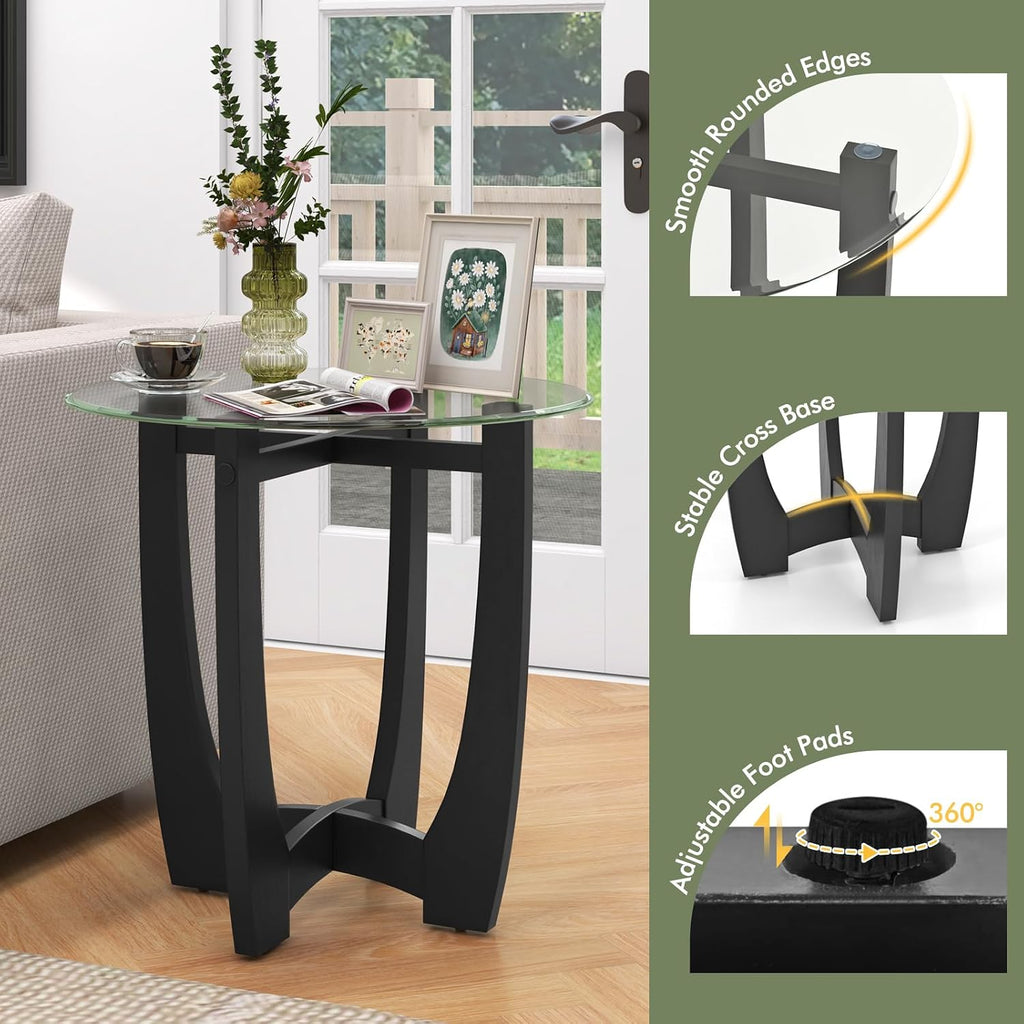 Giantex Glass End Tables Set of 2, Round Side Tables with Rubber Wood Frame & Tempered Glass Top, 23.5' Small Black Coffee Table, Modern Glass Nightstand for Living Room Balcony Bedroom, Easy Assembly