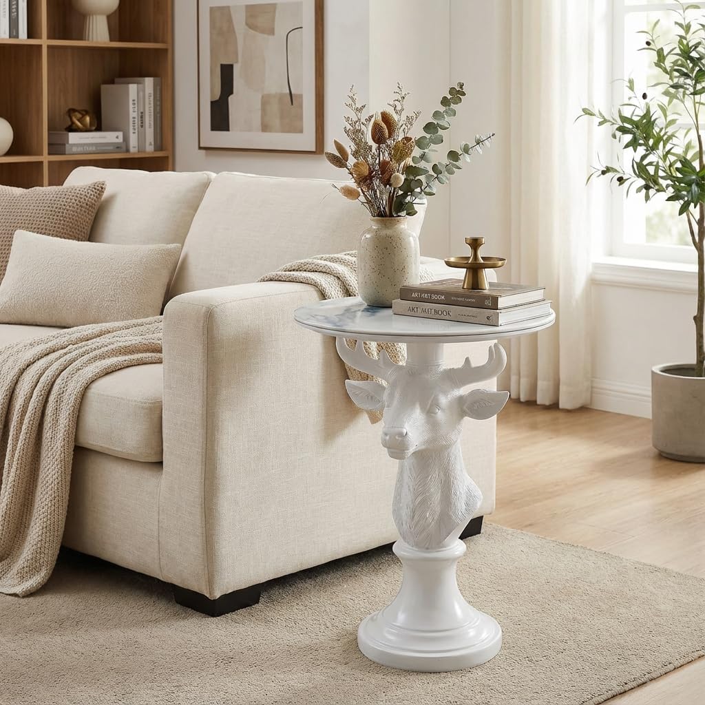 Modern Accent TableLiving Room White Deer Statue Contemporary‌ Faux Marble Night Stand Side Table with White Deer Base Reception Area & Bedroom（Width 19.69' ——Tall 25.59'）
