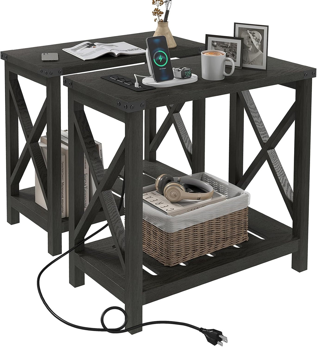 Hadulcet Farmhouse End Tables Living Room Set of 2 - Narrow Side Table with Charging Station, Slim Nightstand for Small Space, Skinny Bedside Table, Sofa Side Table with Storage Shelf, Black