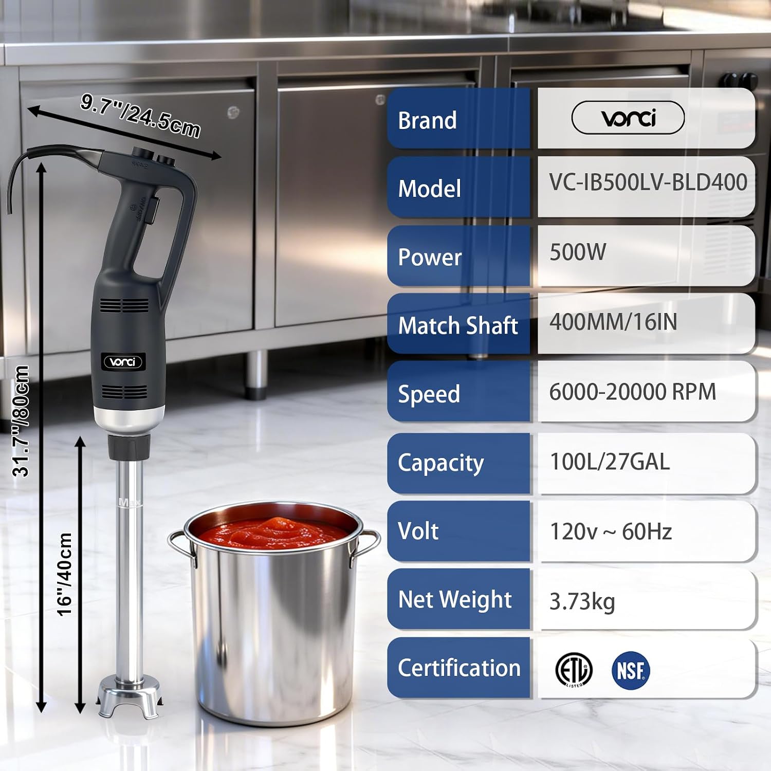 VONCI 500W Commercial Immersion Blender, 16' SUS 304 Removable Shaft, Heavy Duty Power Hand Mixer with Variable Speed 6000-20000RPM, Professional Electric Stick Blender for Restaurant Kitchen Use.