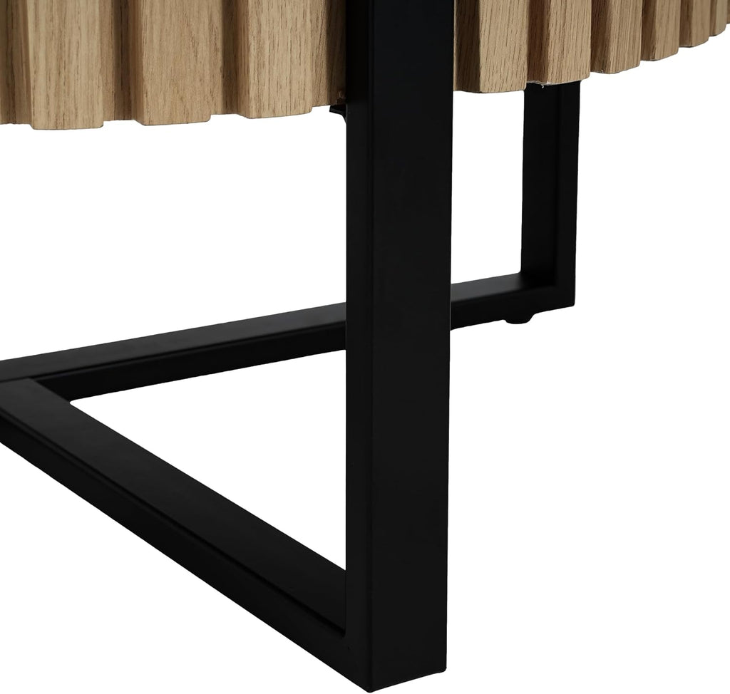 Christopher Knight Home Sol 31.5'' Modern Round Coffee Table, Indoor Living Room Side Table, Wooden End Table with Cross Metal Base, Unique Gear Motifs and Fluted Edges, Black + Natural