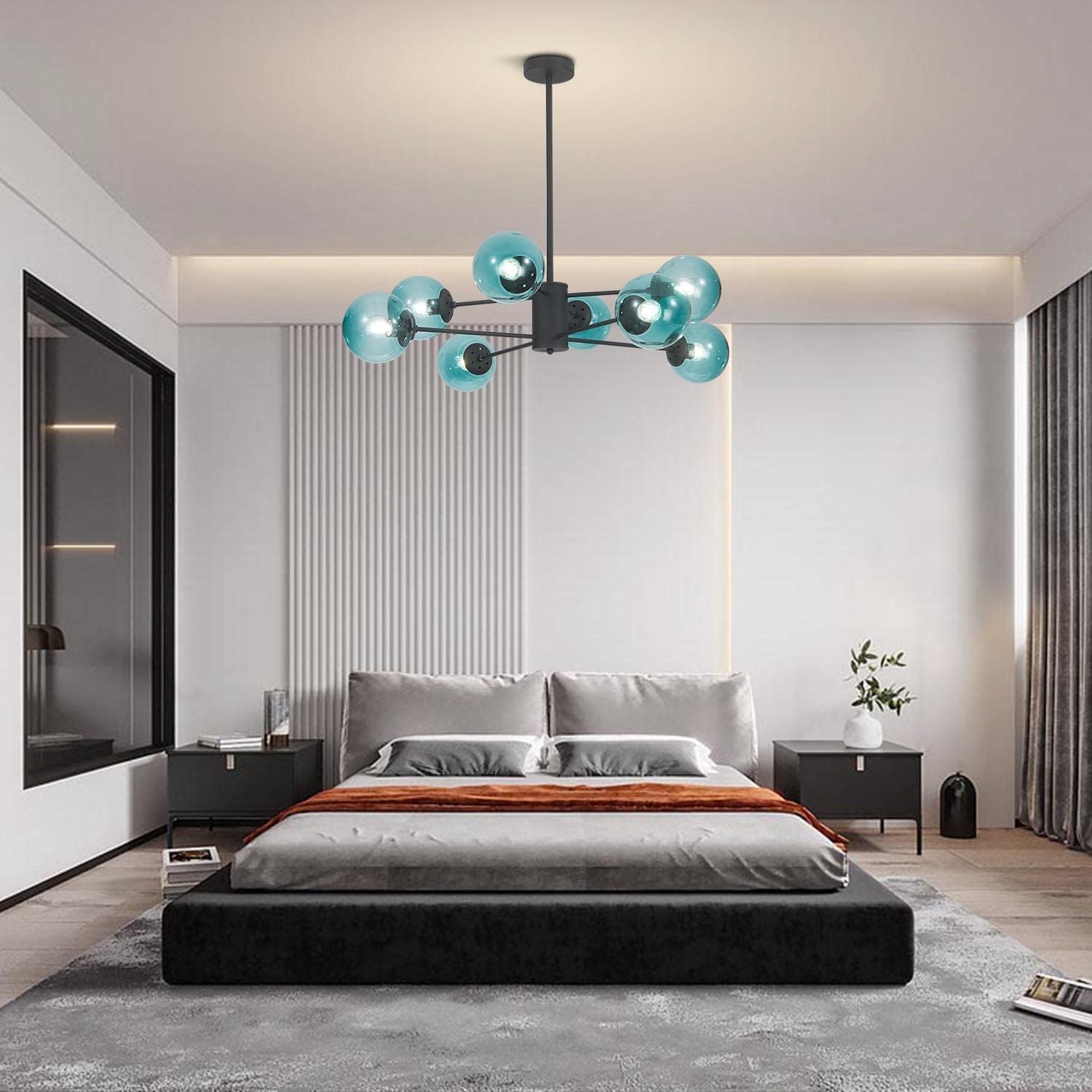 Glass Globe Chandelier Mid Century Modern Pendant Lights Black Ceiling Hanging Light Fixture with Blue Glass Shade Sputnik Chandeliers for Kitchen Island Living Dining Bedroom (Blue)