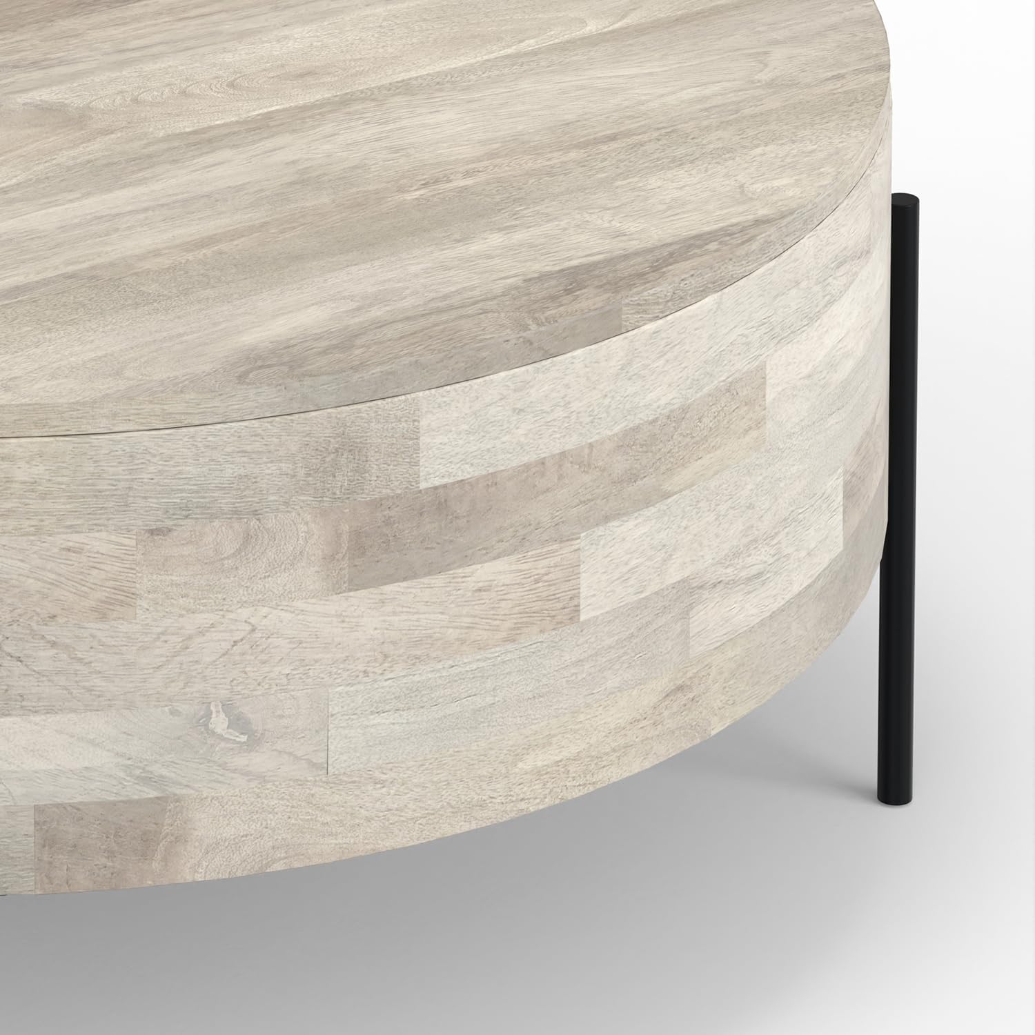 SIMPLIHOME Rayburn Drum Coffee Table - 38 inch Wide Solid Mango Wood Round Living Room Table in White Wash, Modern Urban Center Table for Family Room with Black Metal Legs and Large Surface