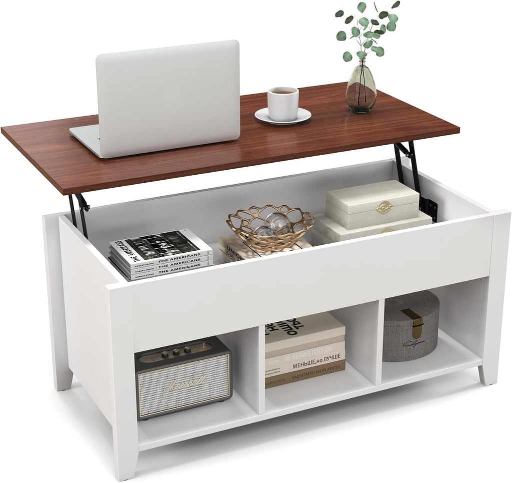 Giantex Lift Top Coffee Table - Rectangular Wooden Table w/Hidden Compartment & Open Storage Shelves, Multifunctional Modern Flip Top Center Table for Living Room, Reception Room, Office (White)