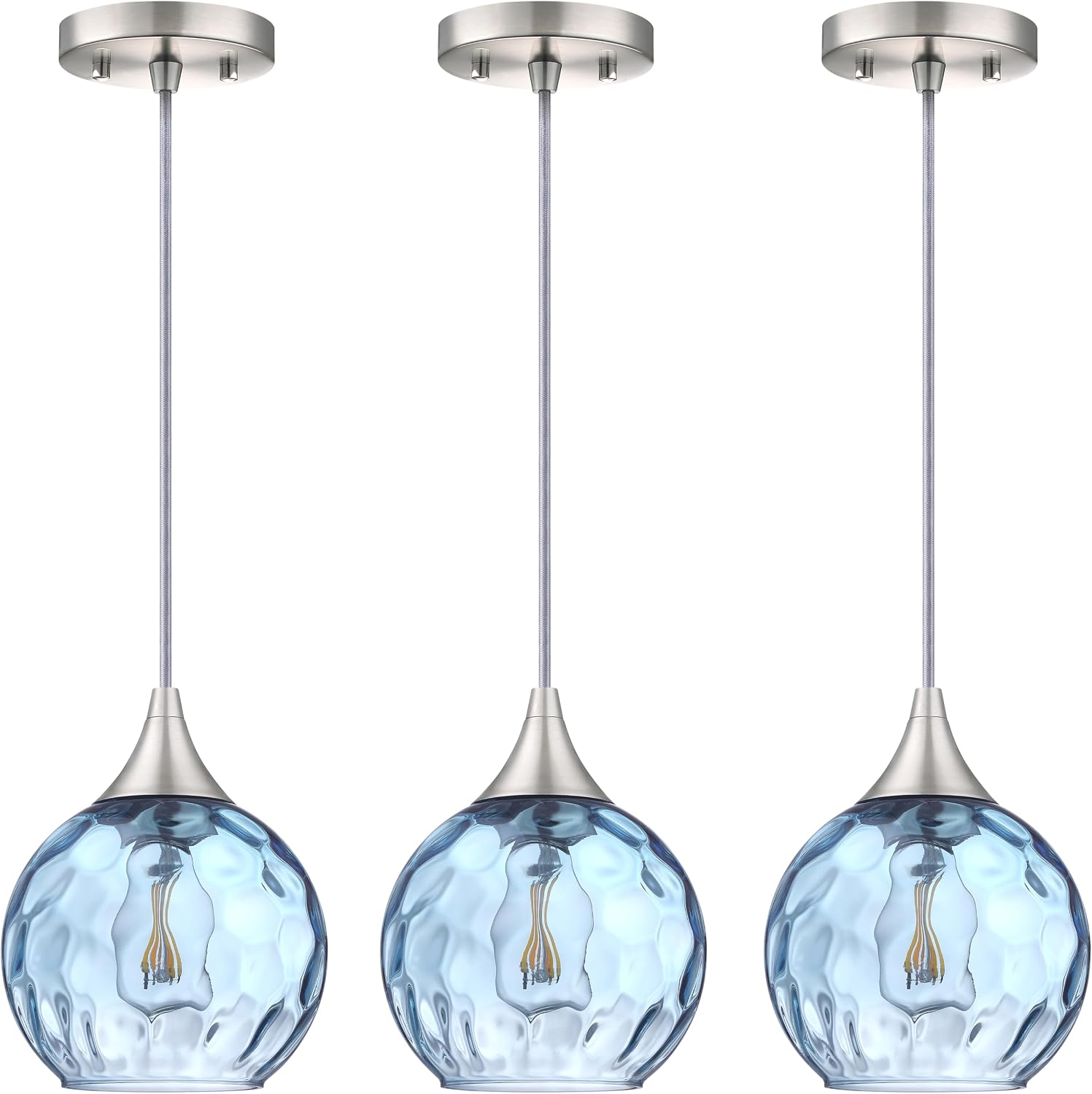 6.3' Texture Blue Glass Pendant Light 3 Pack Pendant Ceiling Light Fixture Brushed Nickel Finish Modern Farmhouse Dinning Over Sink Adjustable Height Cord