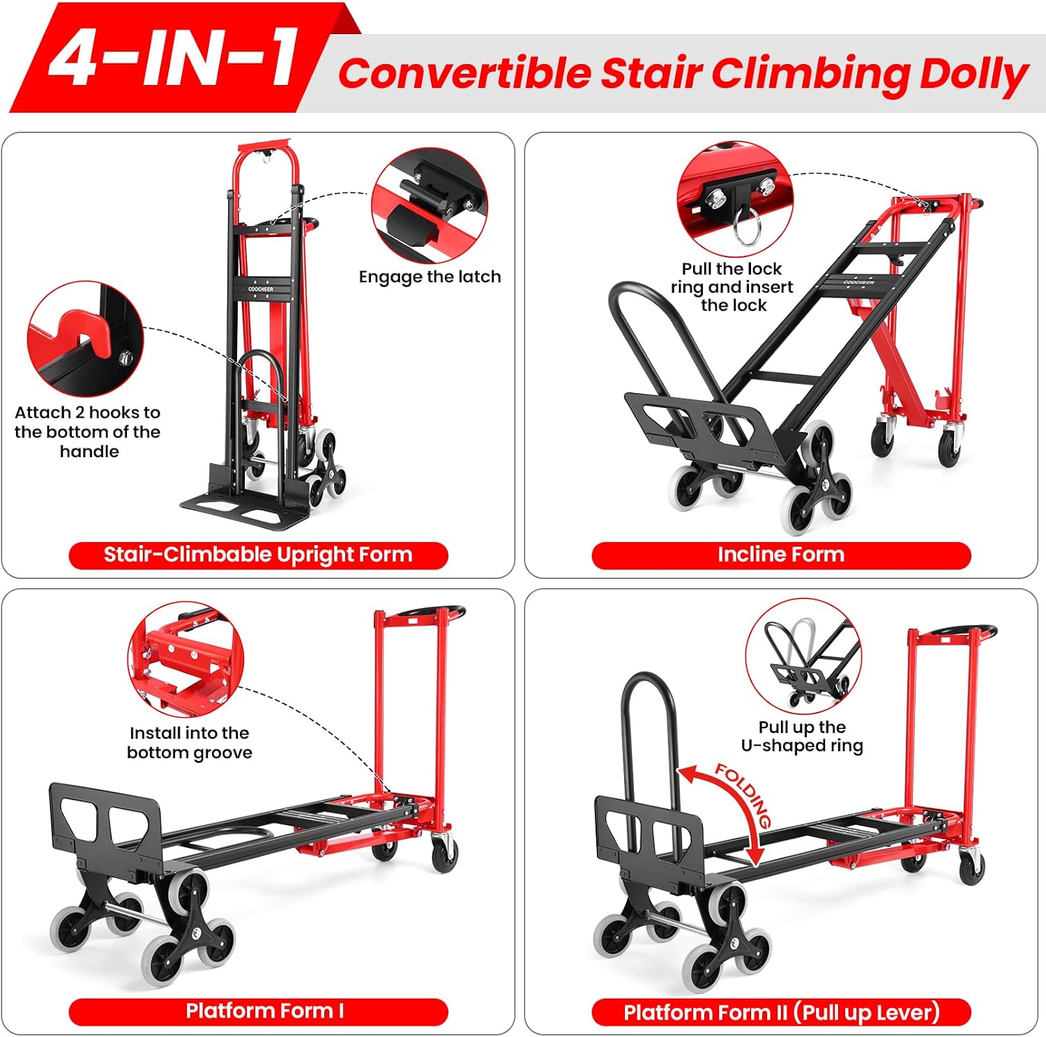 3 in 1 Convertible Hand Truck, 1000LBS Heavy Duty Aluminum Stair Climbing Dolly, Folding Hand Truck Dolly Cart with Solid Wheels for Moving/Travel/Office (Red)