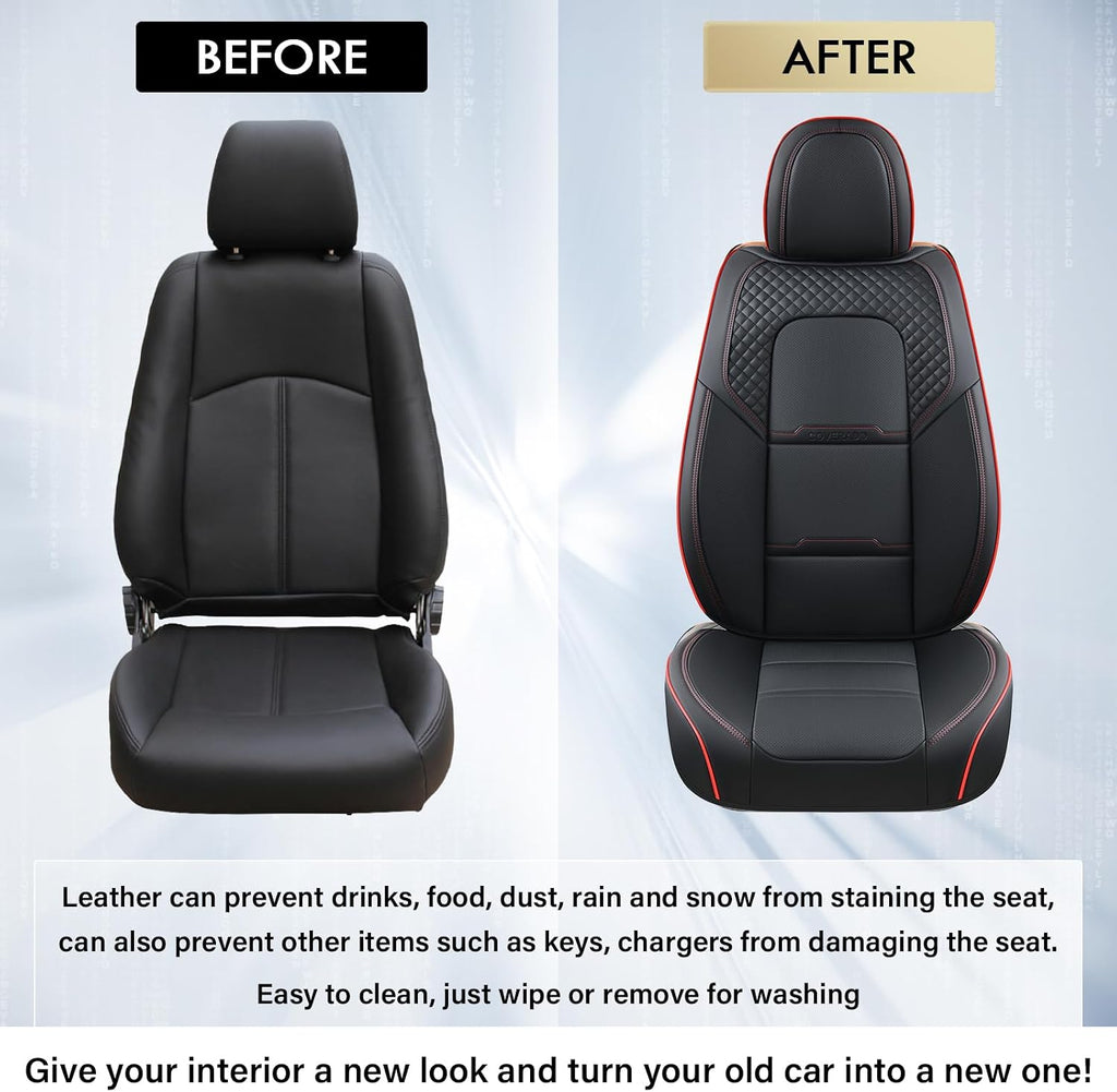 Coverado Car Seat Covers Full Set, 5 Piece Car Seat Protector with Removable Headrest, Nappa Leather Breathable Front Rear Seat Cushion Side All Wrapped Universal Fit Truck Most Cars Black & Red