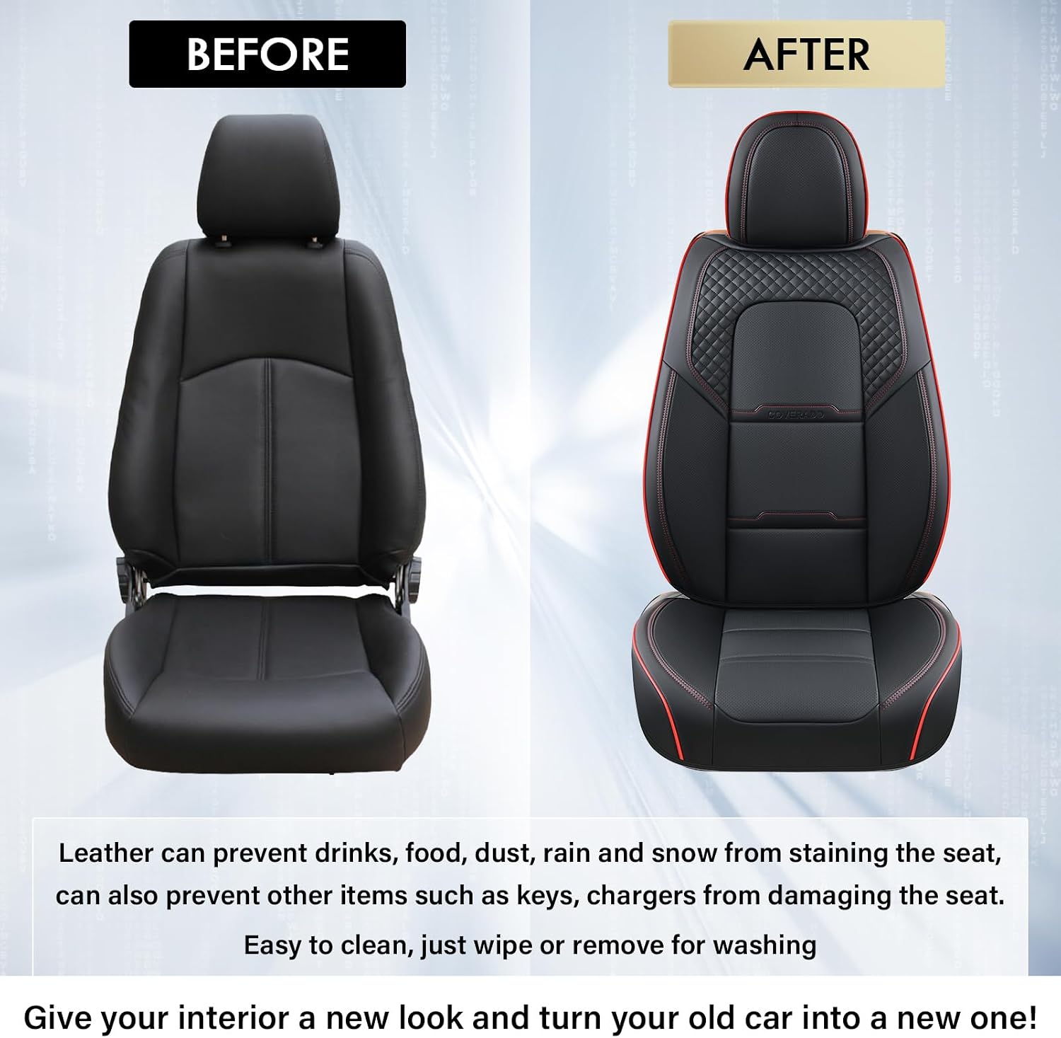 Coverado Car Seat Covers Full Set, 5 Piece Car Seat Protector with Removable Headrest, Nappa Leather Breathable Front Rear Seat Cushion Side All Wrapped Universal Fit Truck Most Cars Black & Red