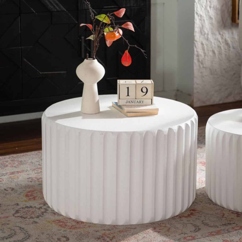 WILLIAMSPACE 46.46' Round Nesting Coffee Table Set of 2, Modern Circle Drum Center Tables Curved-Edge Shape Tea Table for Living Room, No Assembly (White)