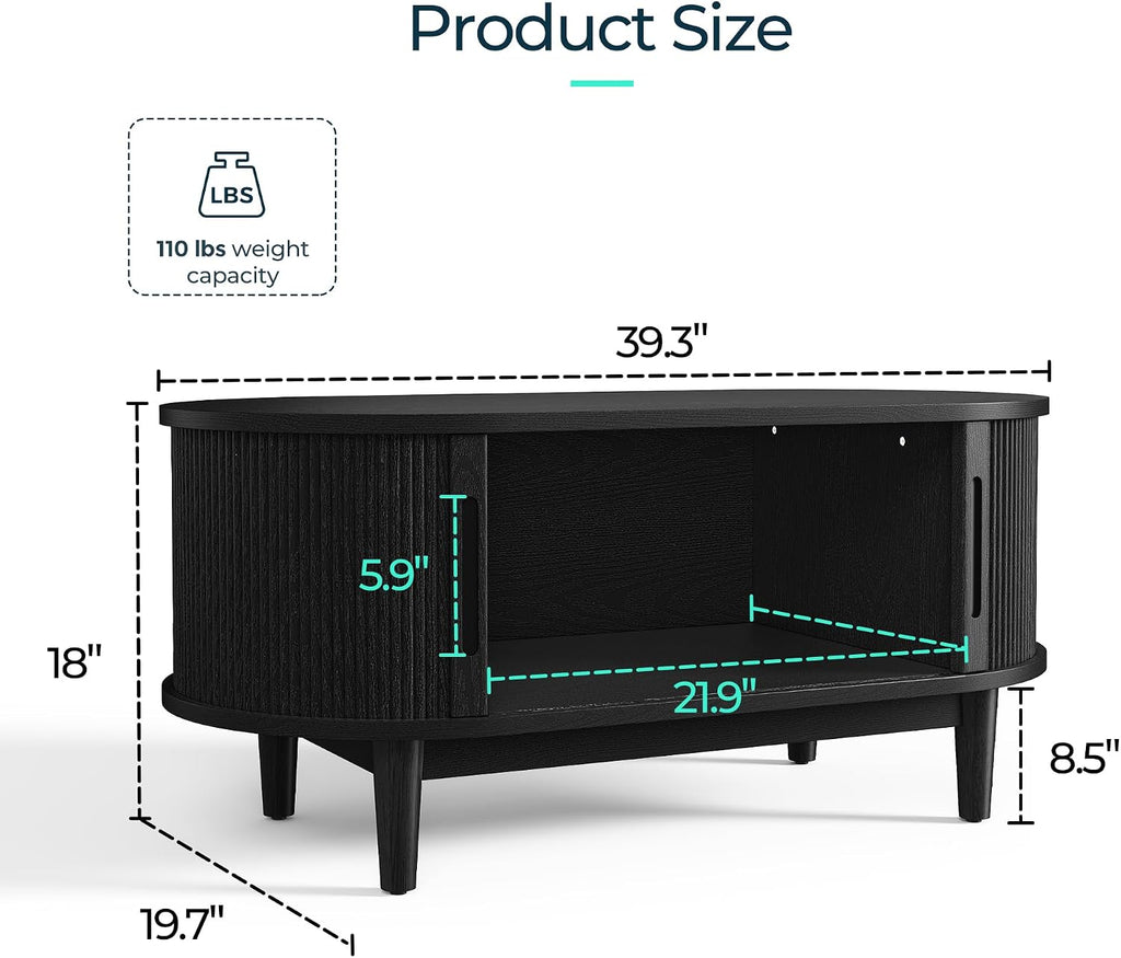 LINSY HOME Round Coffee Table, 31.5' Drum Coffee Table with Sliding Tambour Door, Fluted Accent Center Table with Storage, Mid Century Modern Coffee Table for Living Room (Oval Black)