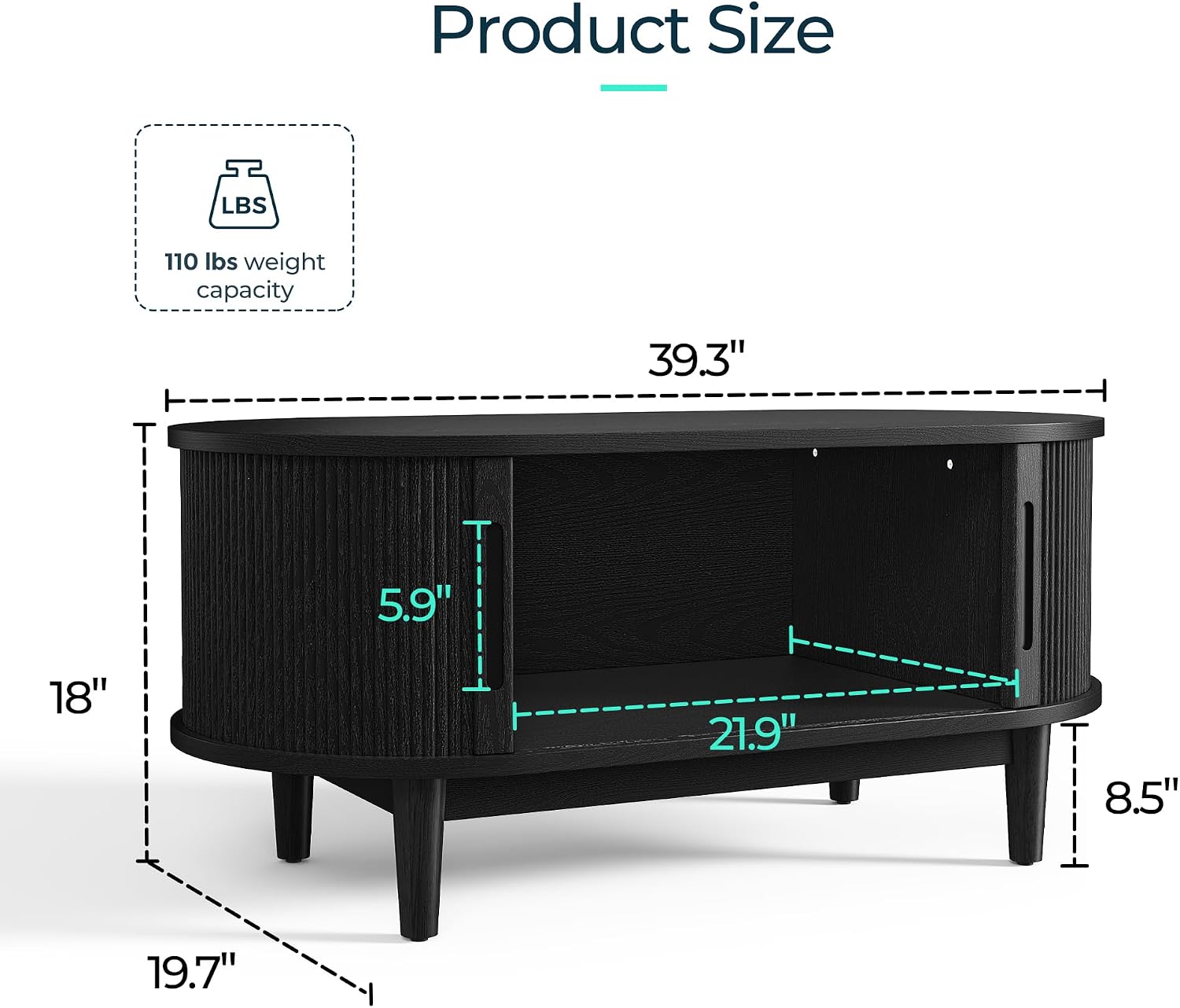 LINSY HOME Round Coffee Table, 31.5' Drum Coffee Table with Sliding Tambour Door, Fluted Accent Center Table with Storage, Mid Century Modern Coffee Table for Living Room (Oval Black)
