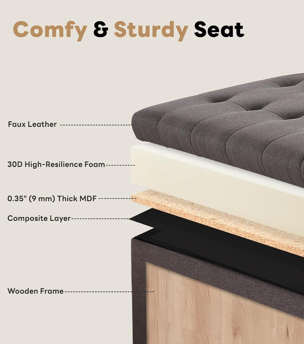 Tbfit Large Square Storage Ottoman Bench, Tufted Upholstered Coffee Table Ottoman with Lift Top & Wooden Legs, Oversized Storage Ottomans Toy Box for Living Room (Dark Grey)