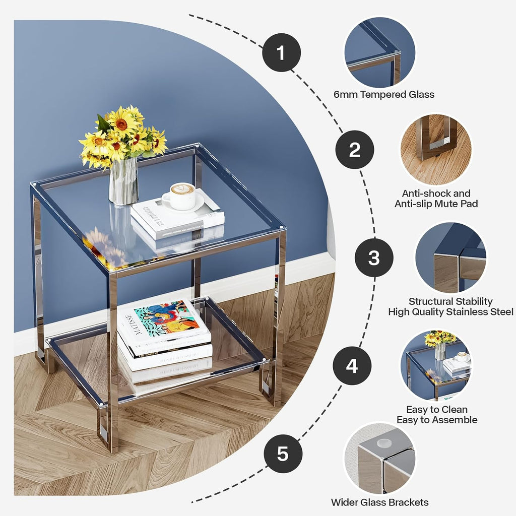 2 Tier Square End Table Side Table with Tempered Glass Top and Silver Stainless Steel Frame Modern Night Stand for Small Spaces Side Table with Storage for Living Room Bedroom