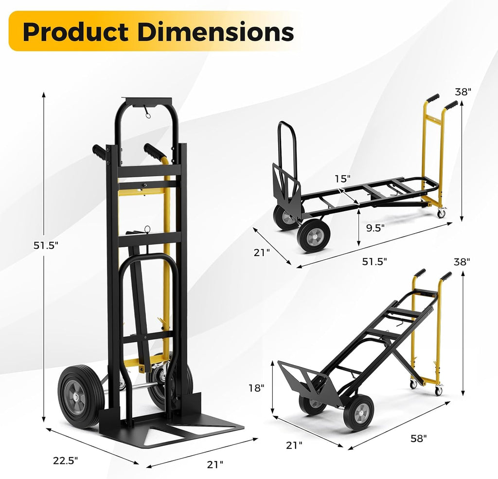 Goplus Convertible Hand Truck, 3-in-1 Metal Dolly Cart with 4 Wheels (2 Lockable), 1000 LBS Capacity, Safety Straps, Heavy-Duty Collapsible Folding Cart for Moving Home, Garage, Shop