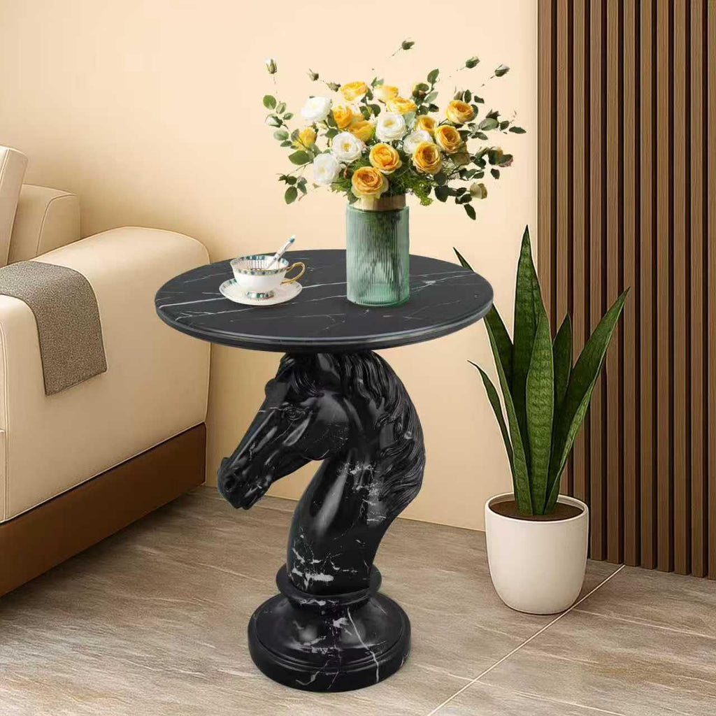 Modern Accent Table Living Room Horse Statue Black Stripe Contemporary‌ Faux Marble Night Stand Side Table with Horse Head Base Reception Area & Bedroom（Width 19.69' ——Tall 24.8'）