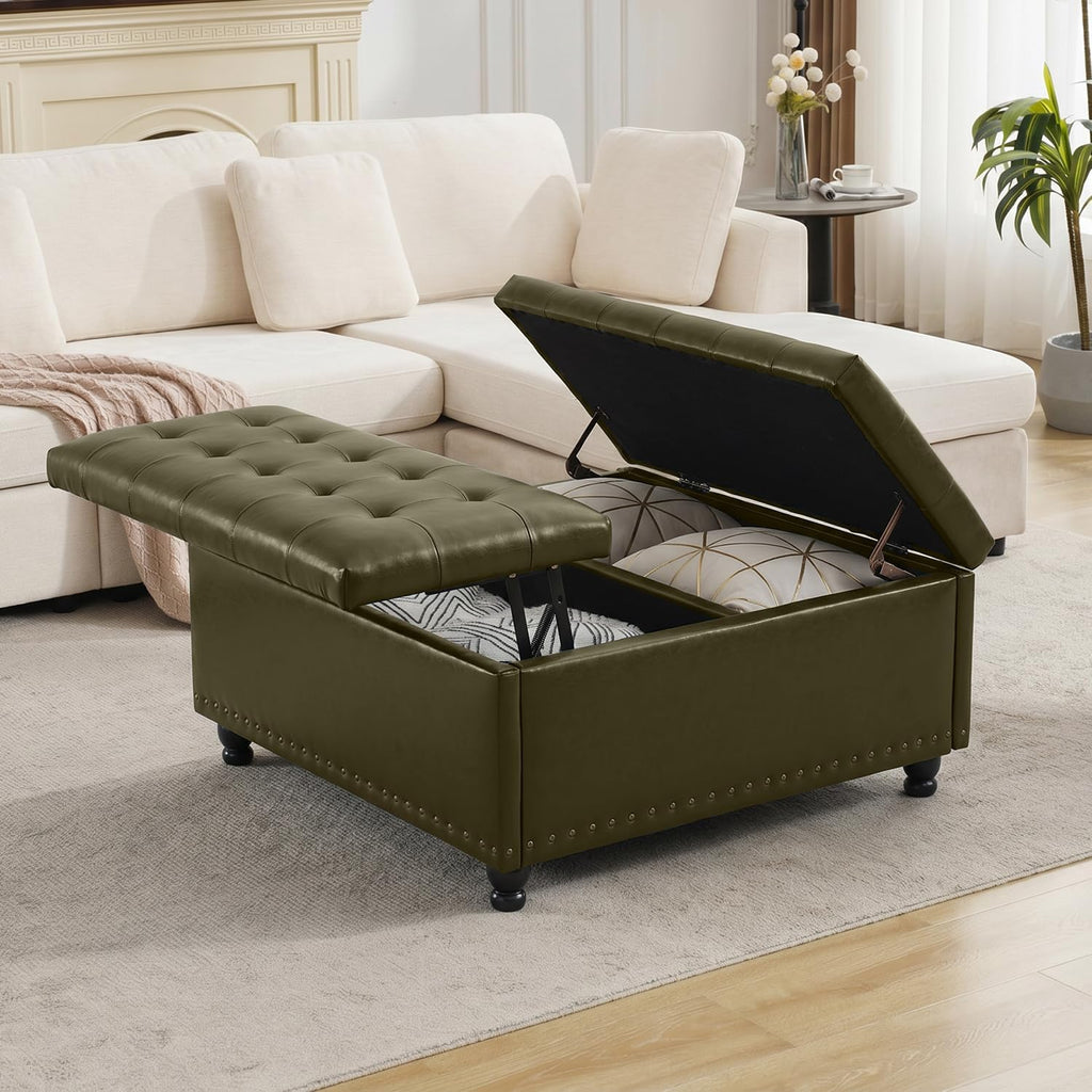 Tbfit Large Square Storage Ottoman Bench, Tufted Upholstered Coffee Table Ottoman with Lift Top & Wooden Legs, Oversized Storage Ottomans Toy Box for Living Room (Green PU)