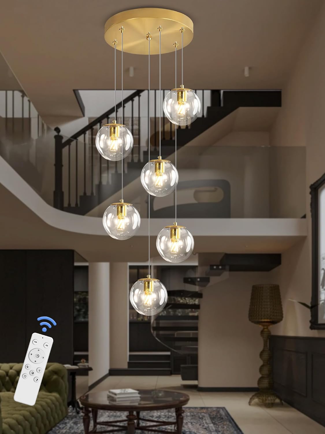 ykolupty 6-Light LED Staircase Modern Glass Globe Pendant Light Gold Chandeliers Large Chandeliers for High Ceilings, Entryway Lighting Fixture Villas and Stairs