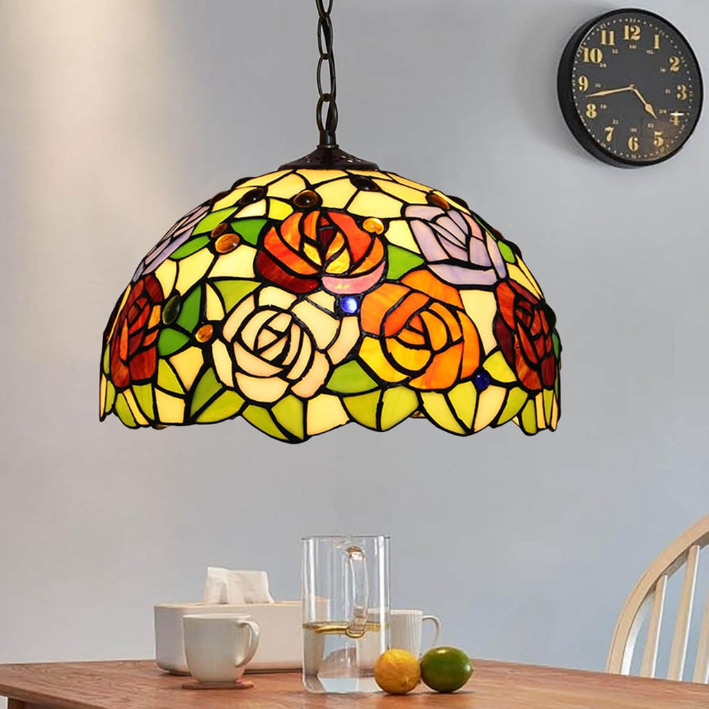 Tiffany Stained Glass Single Lampshade 12 Inch Colored Rose Table Lamp Shade Pendant Hanging Light Fixture Ceiling Lamp Replacement Shade Red Orange Blue Pink Flower Green Leaves,B2