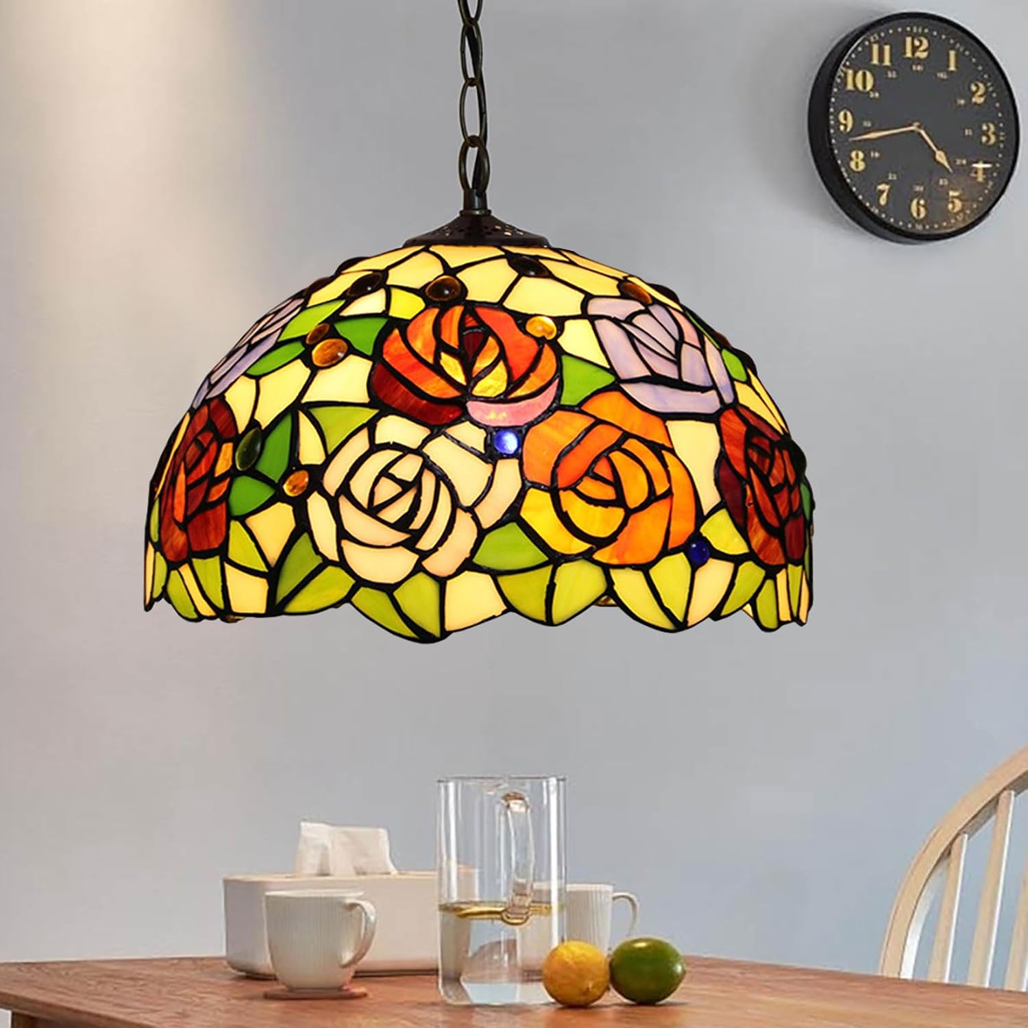 Tiffany Stained Glass Single Lampshade 12 Inch Colored Rose Table Lamp Shade Pendant Hanging Light Fixture Ceiling Lamp Replacement Shade Red Orange Blue Pink Flower Green Leaves,B2