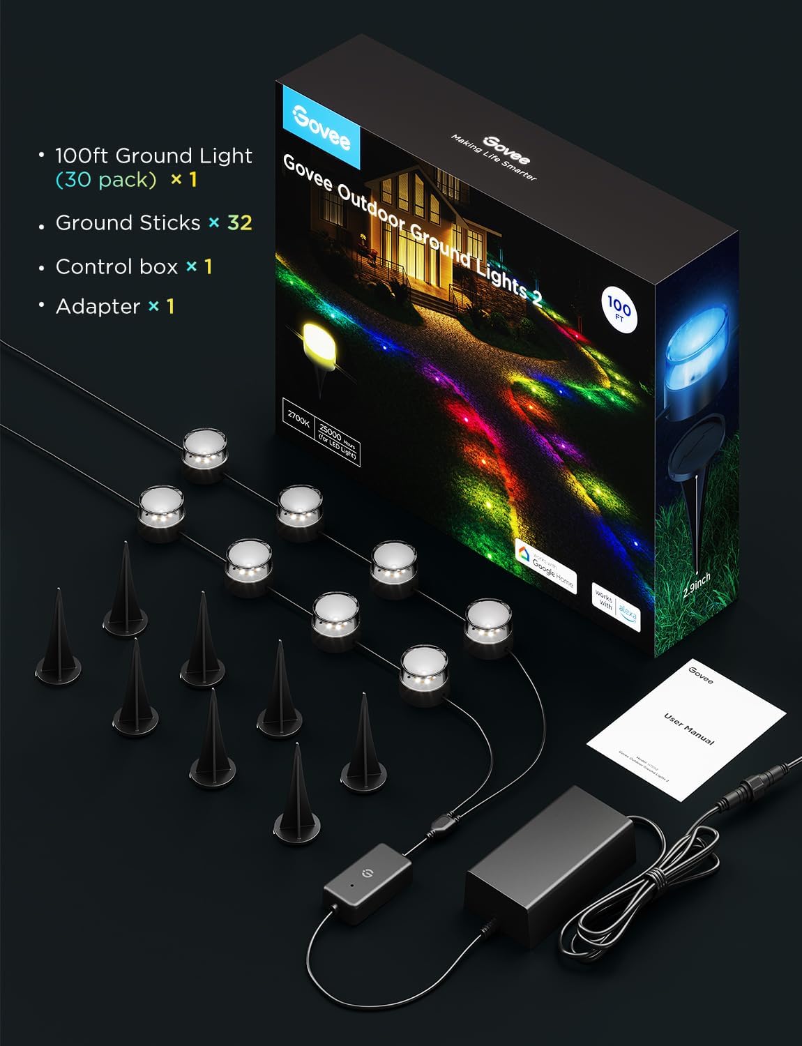 Govee Outdoor Ground Lights 2, 100ft for Patio Decorations, 30 Pack RGBIC Pathway with 100LM Warm White, IP67 Waterproof for Garden, Splitter Connector, Works with Alexa, Google Assistant