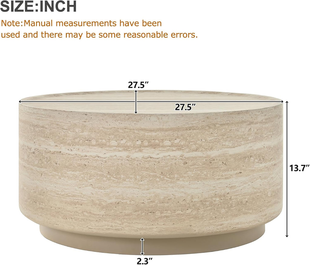 Merax 27.5' Round Coffee Table with Faux Luxury Marble Look, Drum Small Center Table with Strong Structure, Minimalist Mars Pattern End Table for Living Room, Bedroom, No Assembly Required, Beige