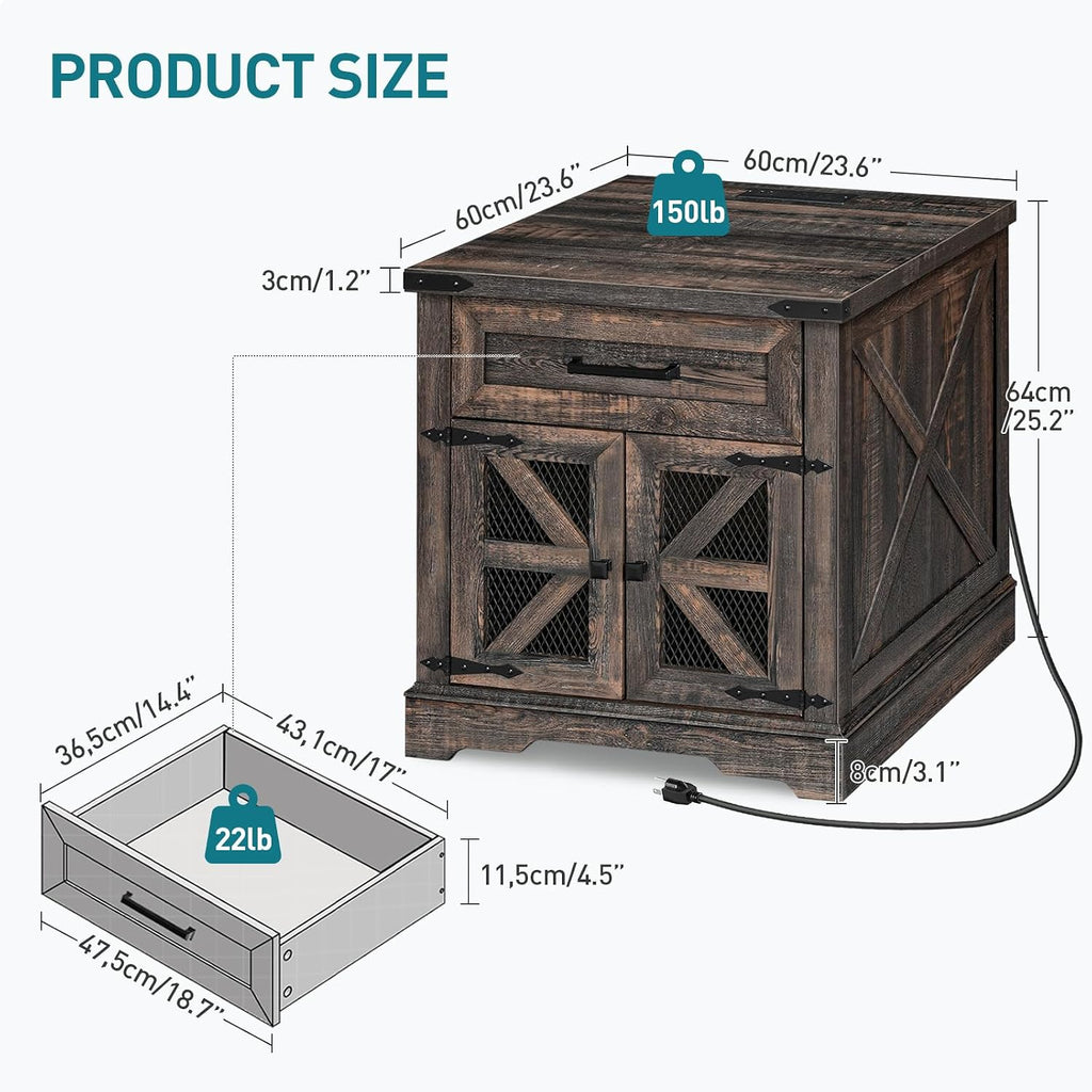 RALGEND Farmhouse End Table with Charging Station, 24' Large Sofa Side Table with Drawer, Large End Table for Living Room, Wooden Nightstand with Outlet, Square, Dark Rustic Oak