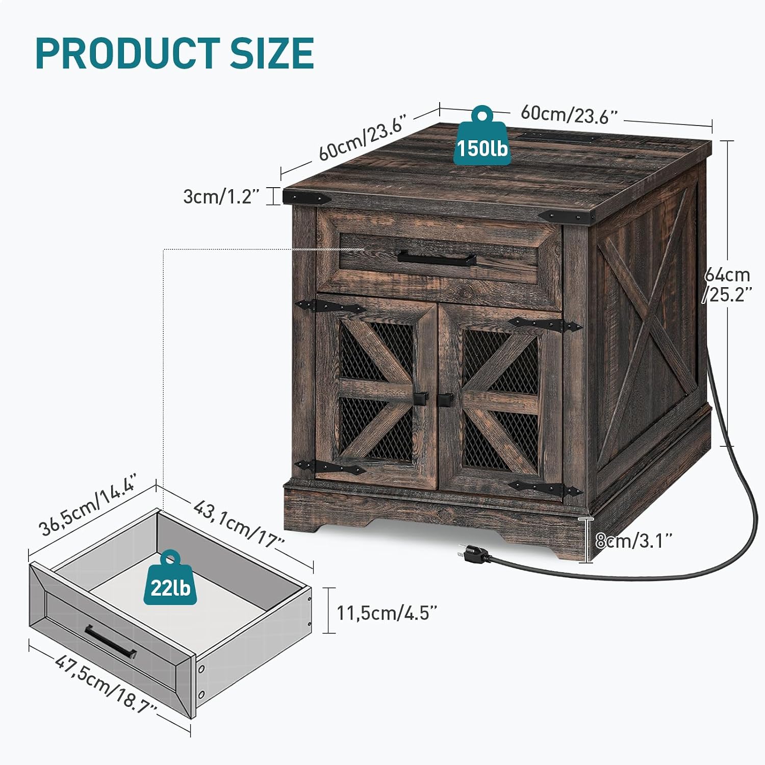 RALGEND Farmhouse End Table with Charging Station, 24' Large Sofa Side Table with Drawer, Large End Table for Living Room, Wooden Nightstand with Outlet, Square, Dark Rustic Oak