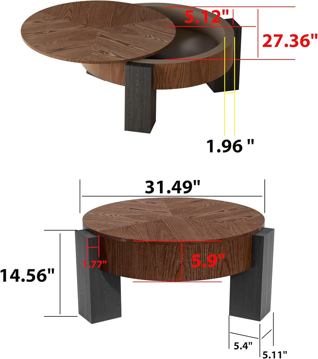 33'' Round Coffee Table with Hidden Storage, Modern Wood Veneer Top, 3 Block Legs Sturdy Center Accent Table for Living Room, Small Space, Walnut & Black
