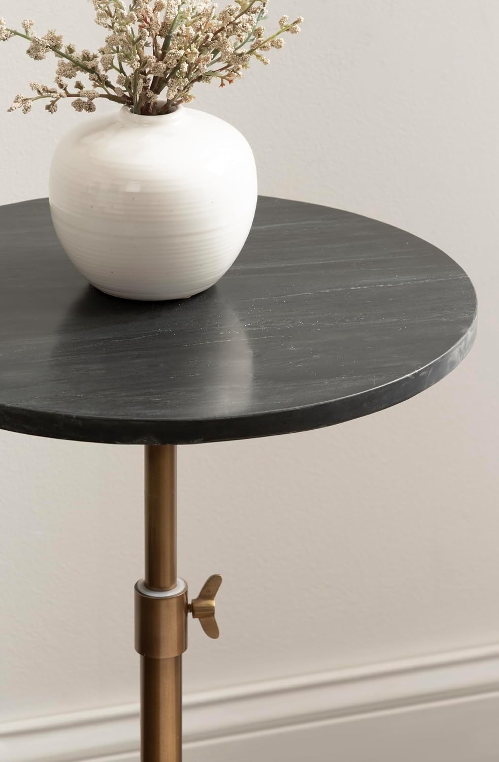 Kate and Laurel Engles Traditional Adjustable-Height Pedestal Side Table, 14 x 14 x 30, Black Marble and Antique Brass, Vintage Round End Table for Use as Indoor Plant Stand with Authentic Marble Top