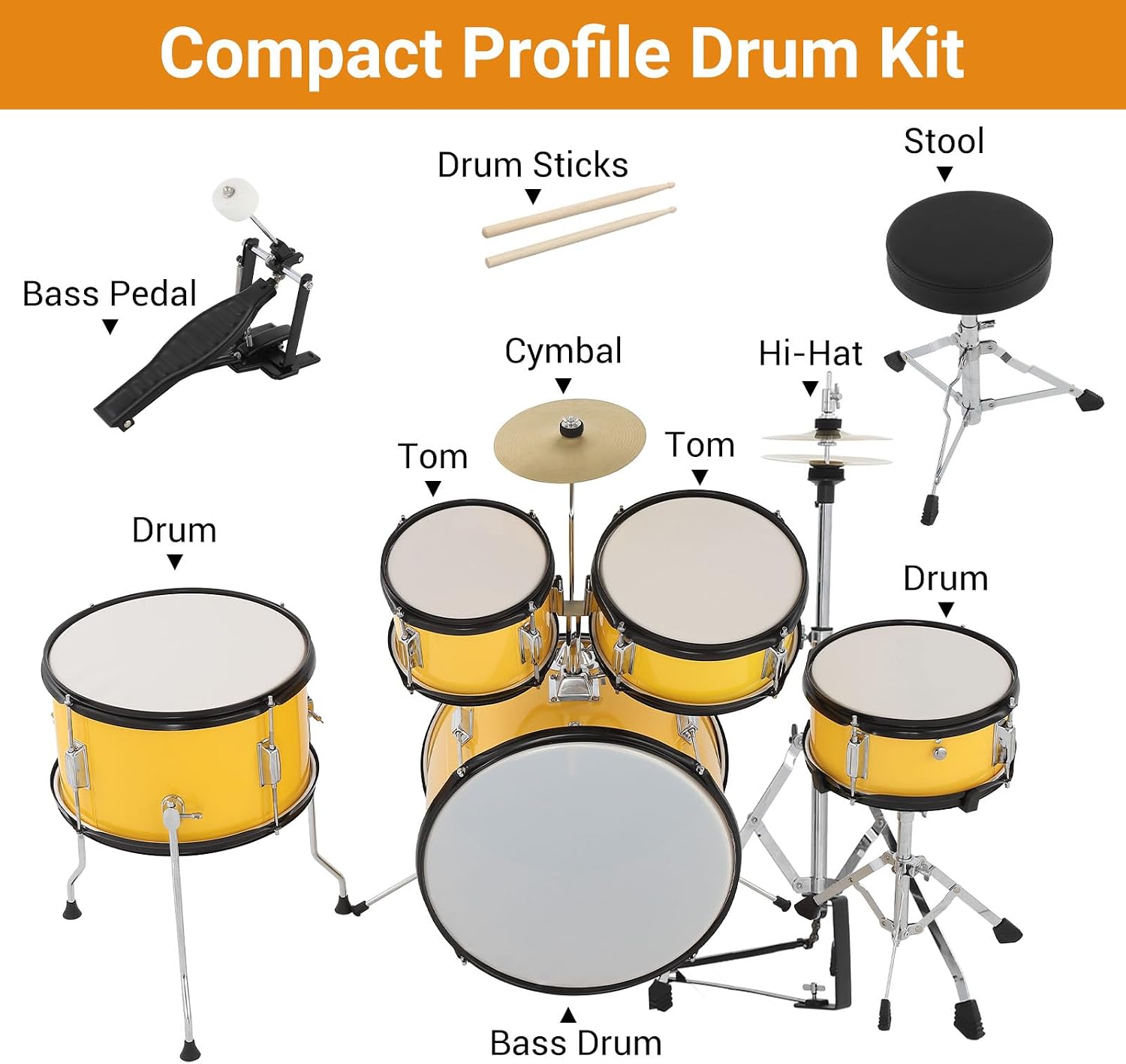 5-Piece 16 Inch Kids Drum Set, Junior Drum Kit with Bass Drum, Snare, 2 Toms, Cymbal, Hi-Hat, Throne Stool, Drumsticks & Pedals, Musical Gift for Beginner Students Ages 4+(Yellow)