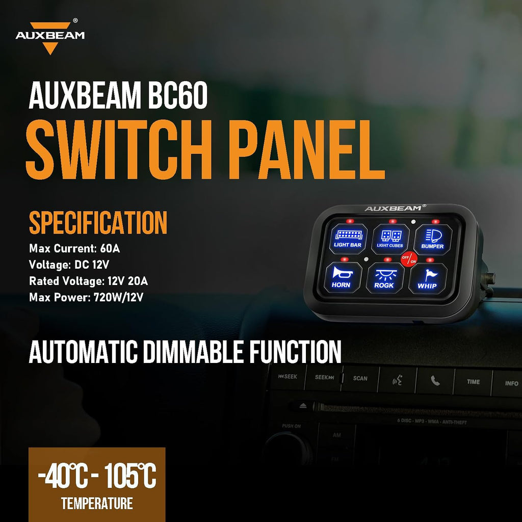 Auxbeam 6 Gang Switch Panel BC60 Universal Circuit Control Relay System Automatic Dimmable LED Switch Pod Touch Control Panel Switch Box for Car Truck Pickup Boat UTV SUV - Blue, 3 Years Warranty