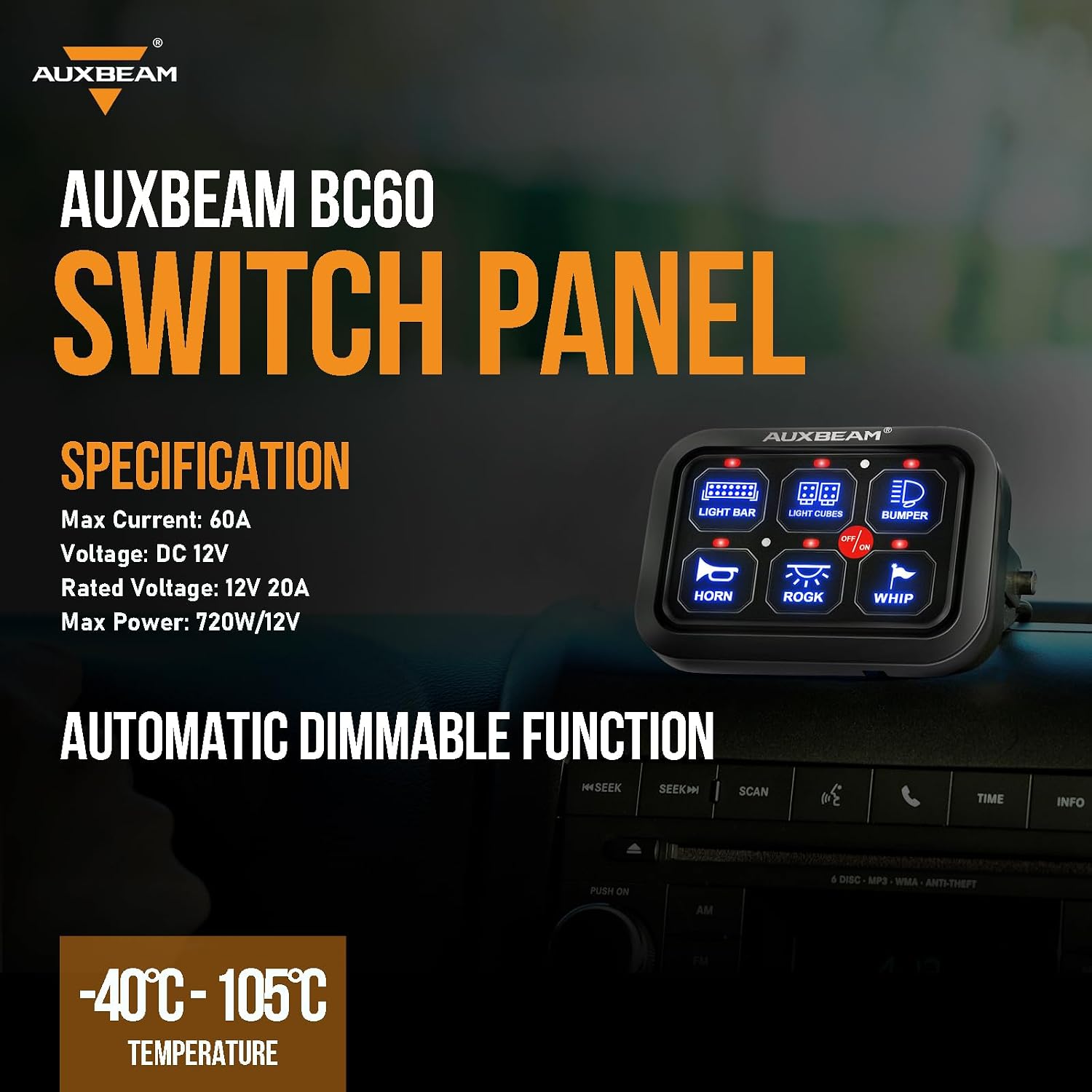 Auxbeam 6 Gang Switch Panel BC60 Universal Circuit Control Relay System Automatic Dimmable LED Switch Pod Touch Control Panel Switch Box for Car Truck Pickup Boat UTV SUV - Blue, 3 Years Warranty