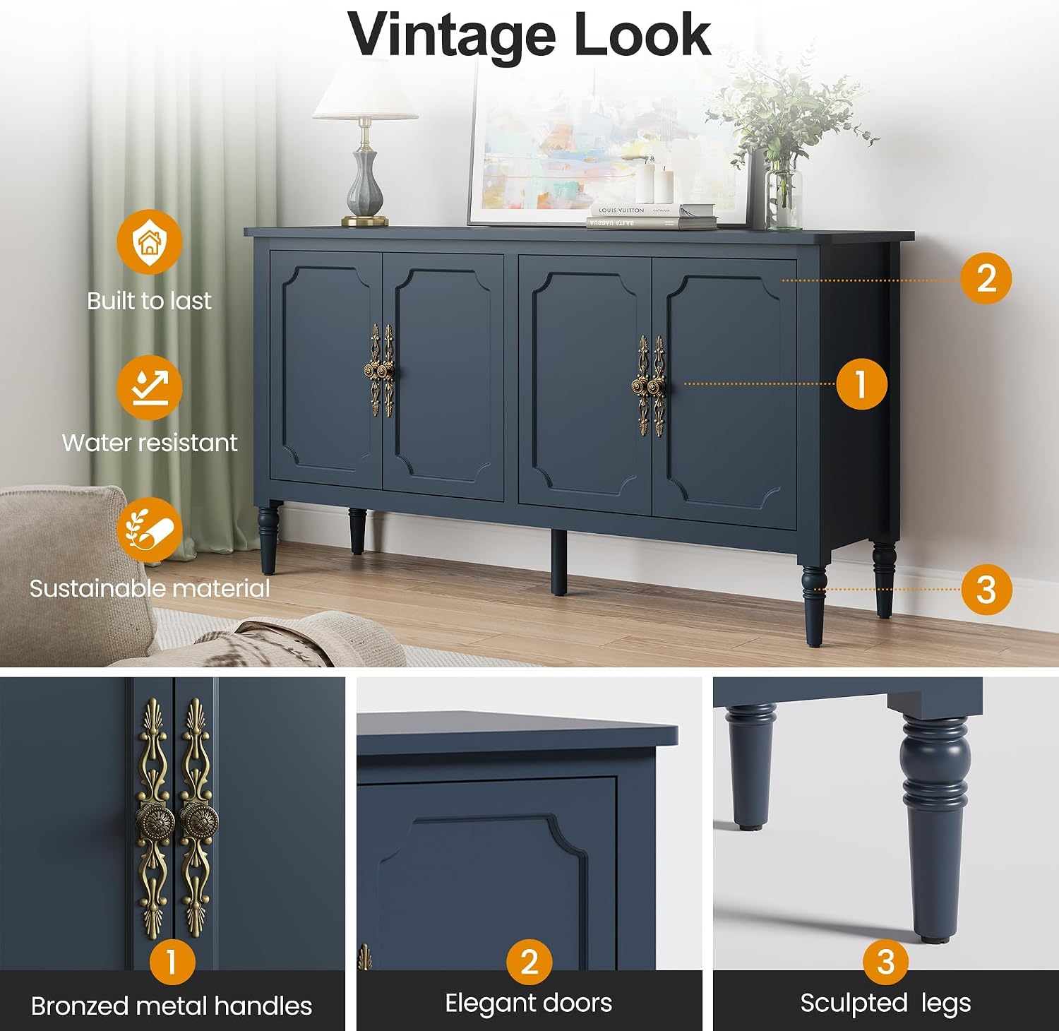 RoyalCraft 118' Buffet Cabinet with Storage, Vintage Sideboard with Adjustable Shelves, Mid Century Modern Painted Credenza Coffee Bar for Kitchen, Dining Room, Entryway, Living Room, Navy Blue
