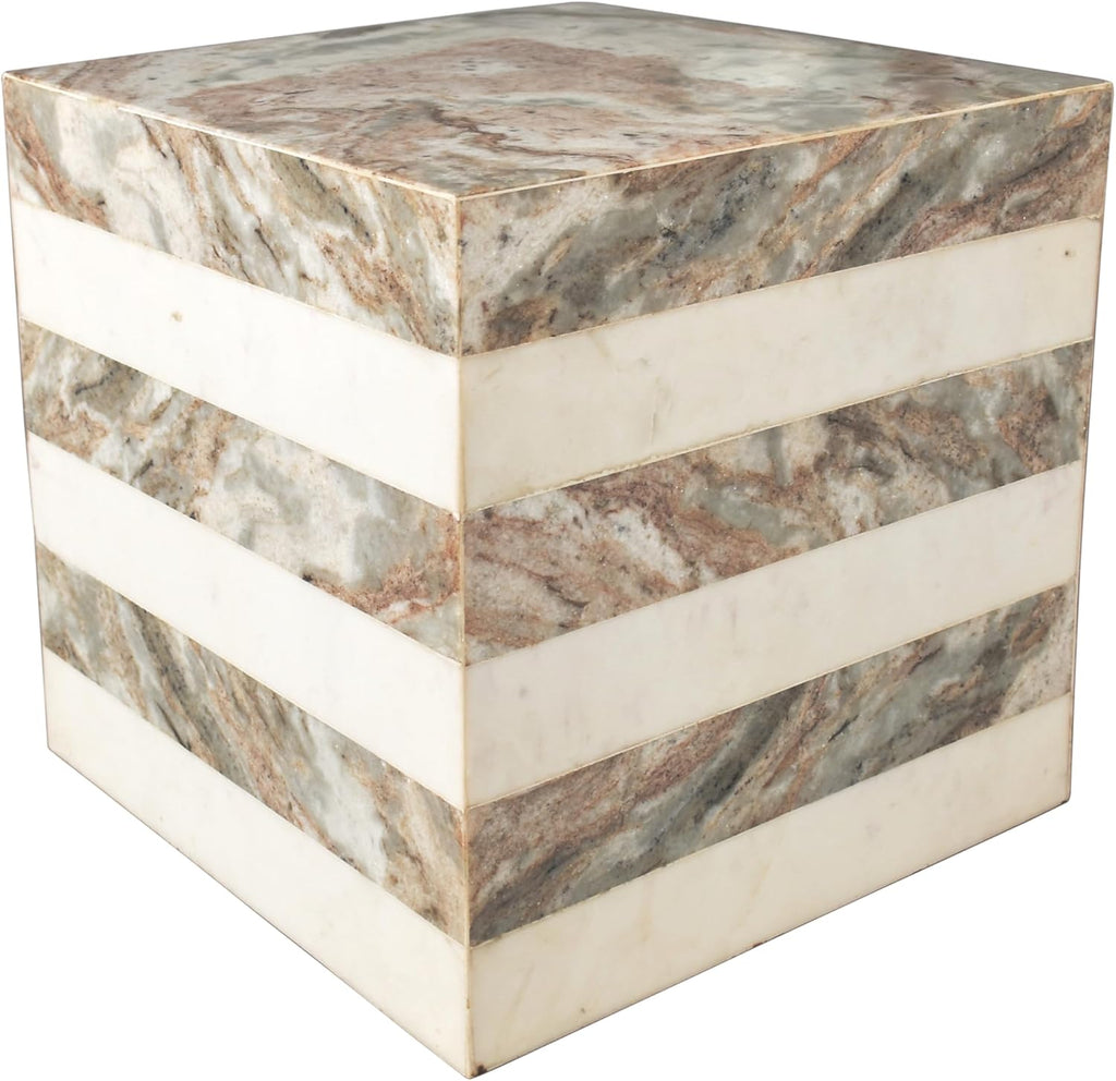 JONATHAN Y MTB1101C Felix 15.5' Contemporary Natural Marble Handmade Cube End Table, Side Table for Living Room, Bedroom, Bathroom, Beige/White/Gray