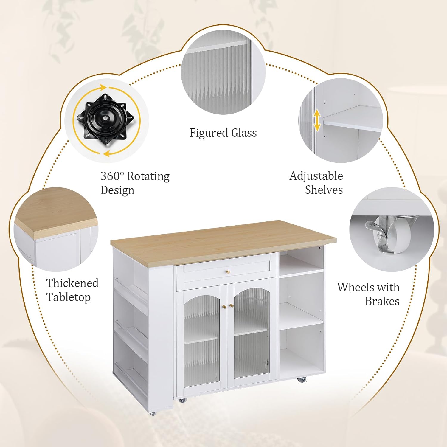LYNCOHOME 71.1' Rolling Kitchen Island with 360° Rotating Tabletop, Mobile Lockable Wheels & Adjustable Shelves, Multifunctional Storage Cart for Kitchen & Dining（White）