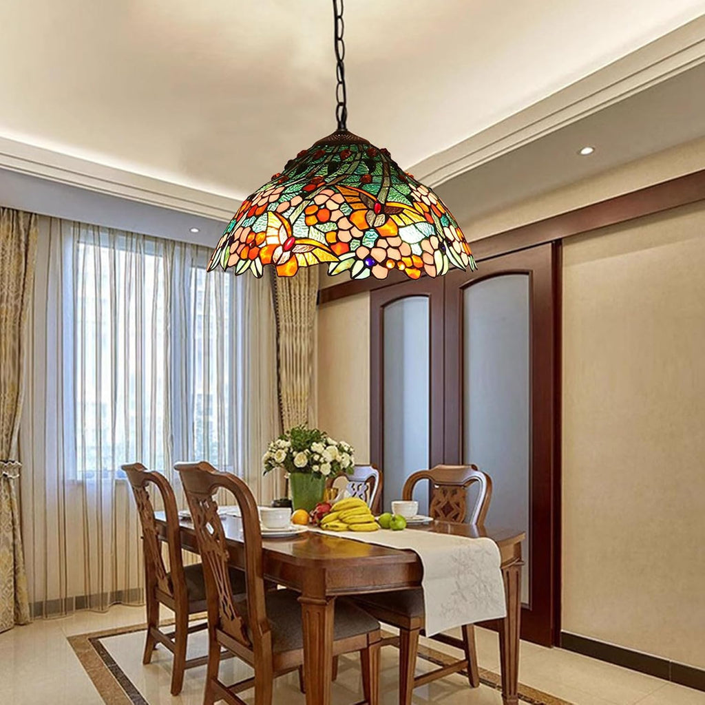 Tiffany Lamp Shade Replacement, 16 Inch Stained Glass Lampshades Antique Butterfly Cherry Blossom Crystal Beads Design Light Cover Only for Table Lamp Floor Lamp Pendant lamp Ceiling Light