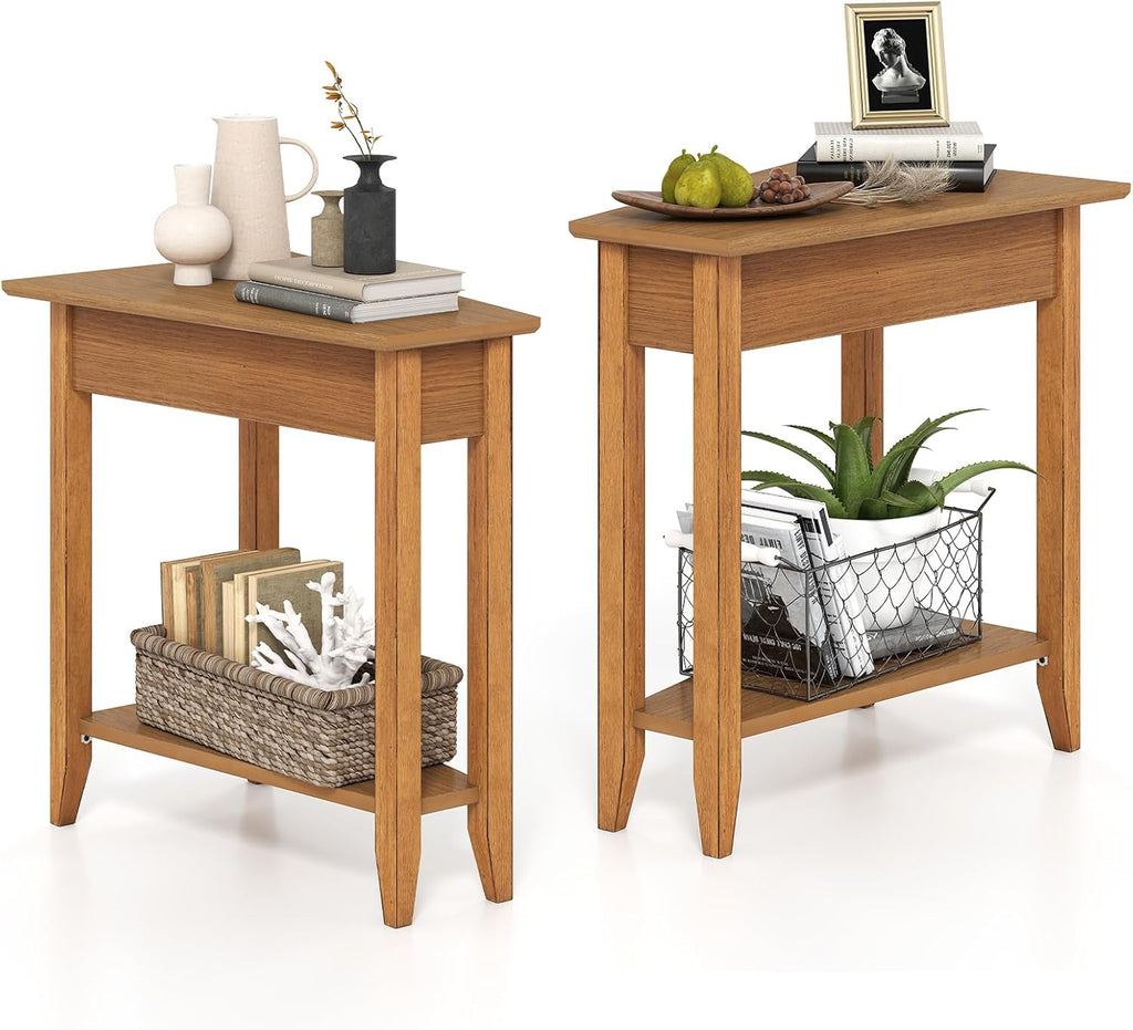 Giantex Wedge End Table, Triangle Side Table with Storage Shelf and Solid Wood Legs, 24.5' Tall Nightstand, Modern Narrow Accent Recliner Table for Small Space Living Room, Walnut