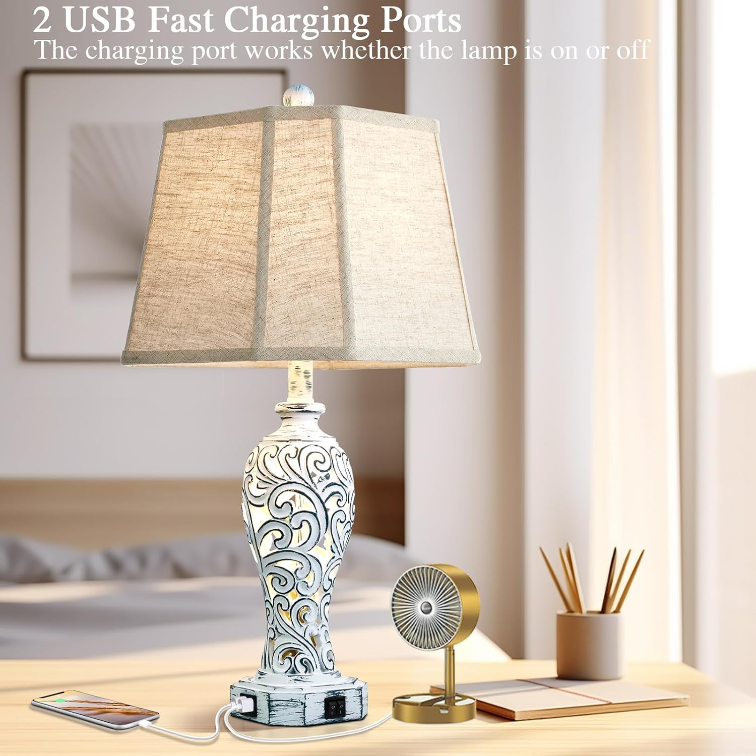 25'' Farmhouse Table Lamps Set of 2 for Living Room Bedroom, 2 USB Ports Rustic Vintage Nightstand Table Lamp with Nightlight, Hollow Out Resin Lamp for End Table (Bulbs Included)