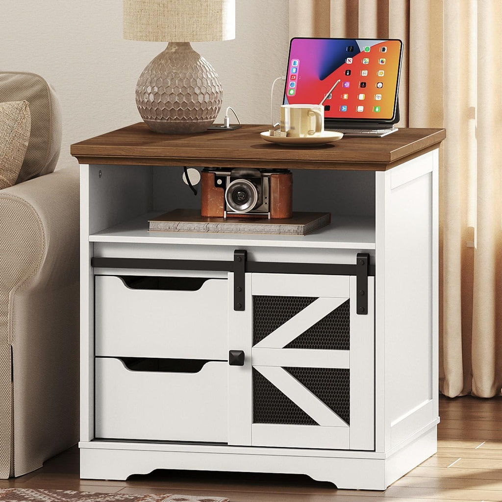 RALGEND Farmhouse End Table with Charging Station, Sofa Side Table with 2 Drawers and Barn Door, Rustic Wooden Nightstand Bedside Table for Bedroom, Living Room,White and Walnut