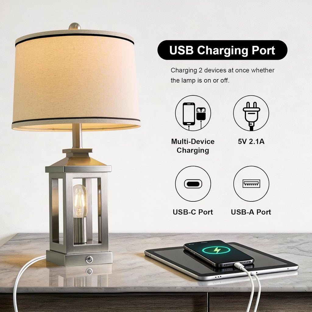 G-SAFAVA 24' Table Lamps for Living Room Bedroom Modern Metal Bedside Lamps Set of 2 Nightstand Lamp for Night Stands 3 Way Dimmable Touch Lamp with USB C+A Ports and 2 Light Sources, 4 Bulbs Includes